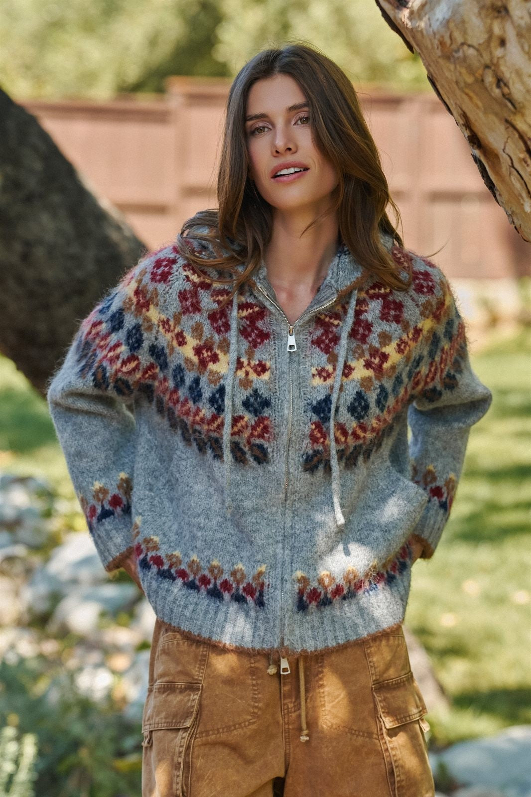 Fair Isle Hooded Zip Knit Jacket in Grey Multi - Women's Cardigans & Shrugs | Urban Daizy
