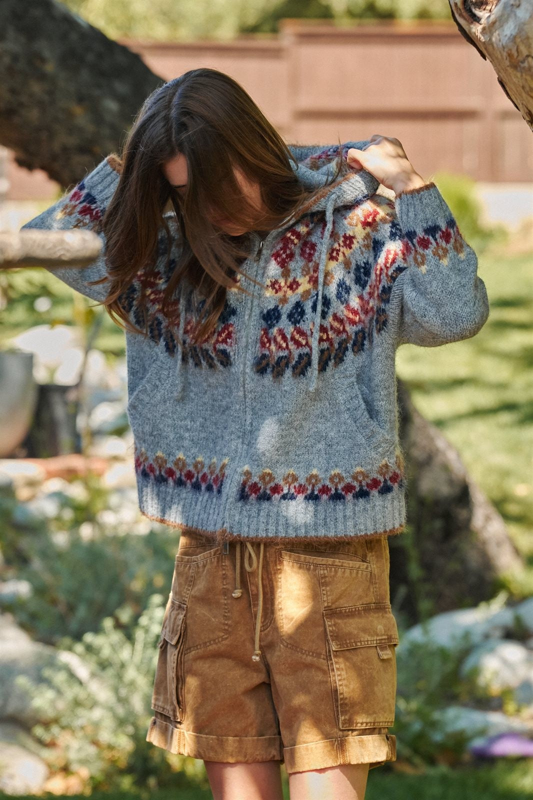 Fair Isle Hooded Zip Knit Jacket in Grey Multi - Women's Cardigans & Shrugs | Urban Daizy