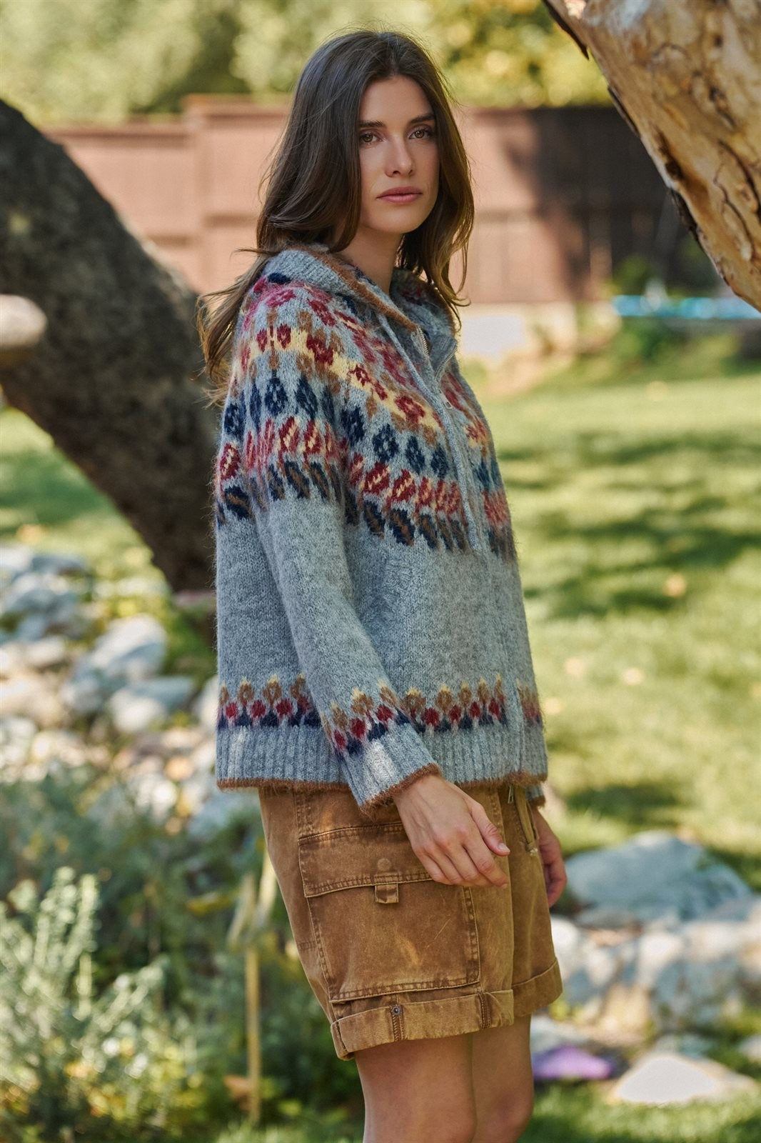 Fair Isle Hooded Zip Knit Jacket in Grey Multi - Women's Cardigans & Shrugs | Urban Daizy