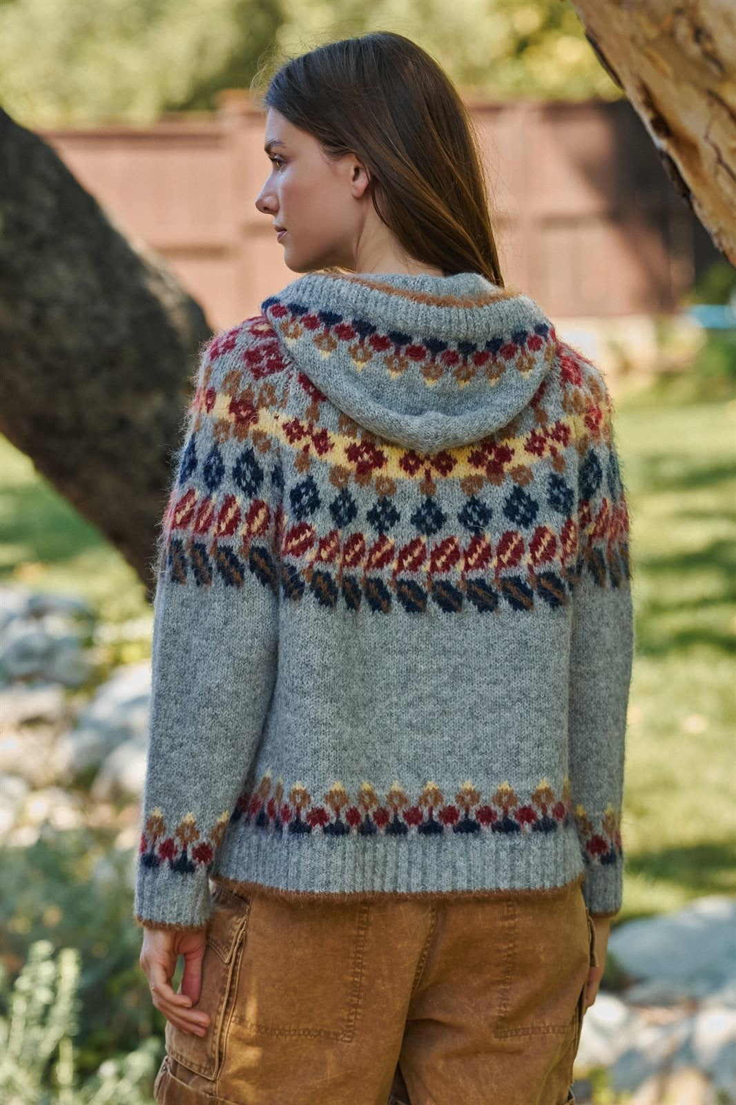 Fair Isle Hooded Zip Knit Jacket in Grey Multi - Women's Cardigans & Shrugs | Urban Daizy