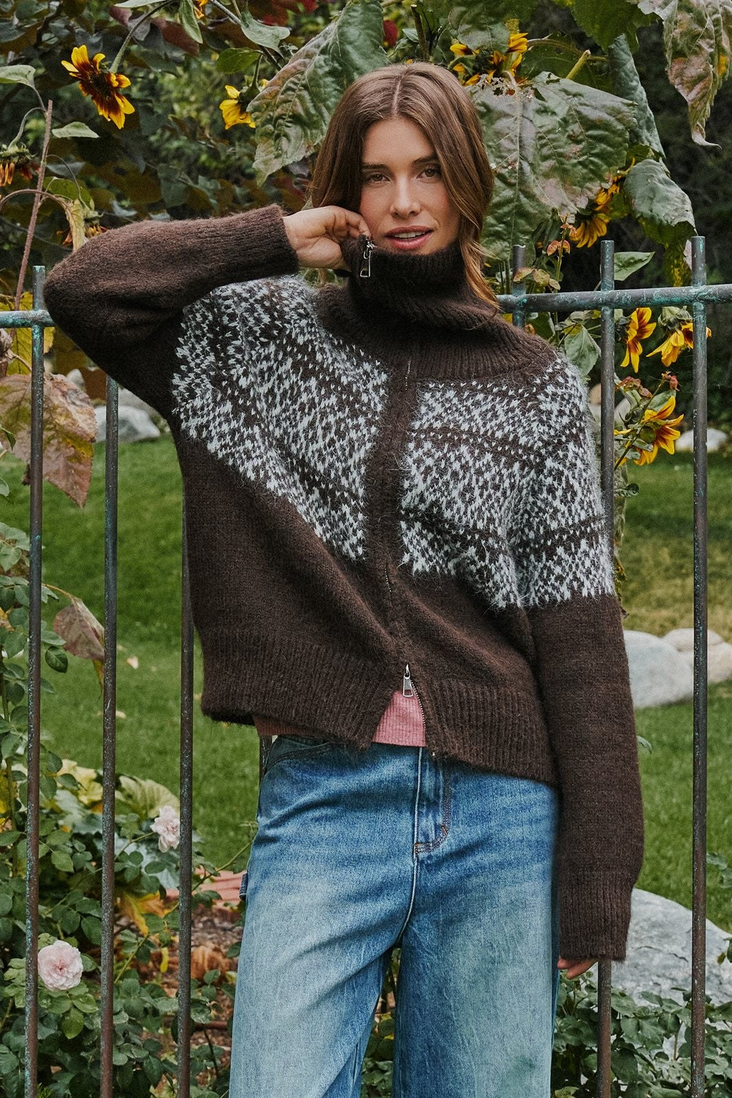 Nordic Fair Isle Zip Up Sweater Jacket in Brown - Women's Cardigans & Shrugs | Urban Daizy