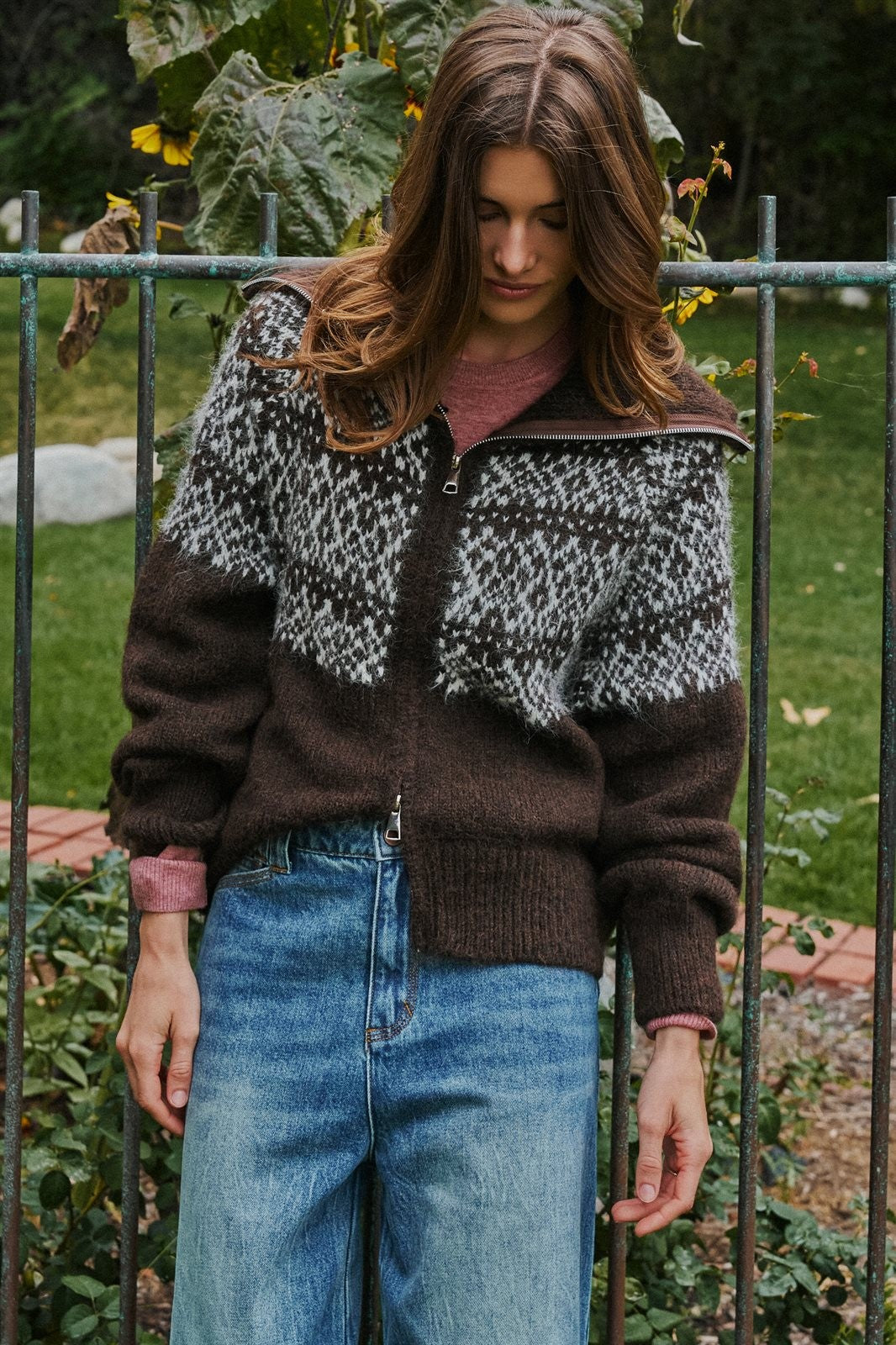 Nordic Fair Isle Zip Up Sweater Jacket in Brown - Women's Cardigans & Shrugs | Urban Daizy