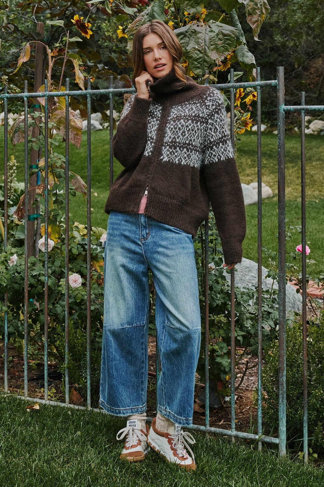 Nordic Fair Isle Zip Up Sweater Jacket in Brown - Women's Cardigans & Shrugs | Urban Daizy