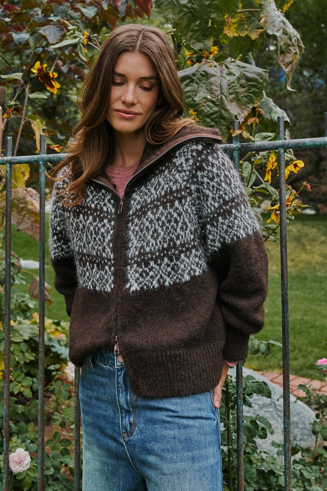 Nordic Fair Isle Zip Up Sweater Jacket in Brown - Women's Cardigans & Shrugs | Urban Daizy