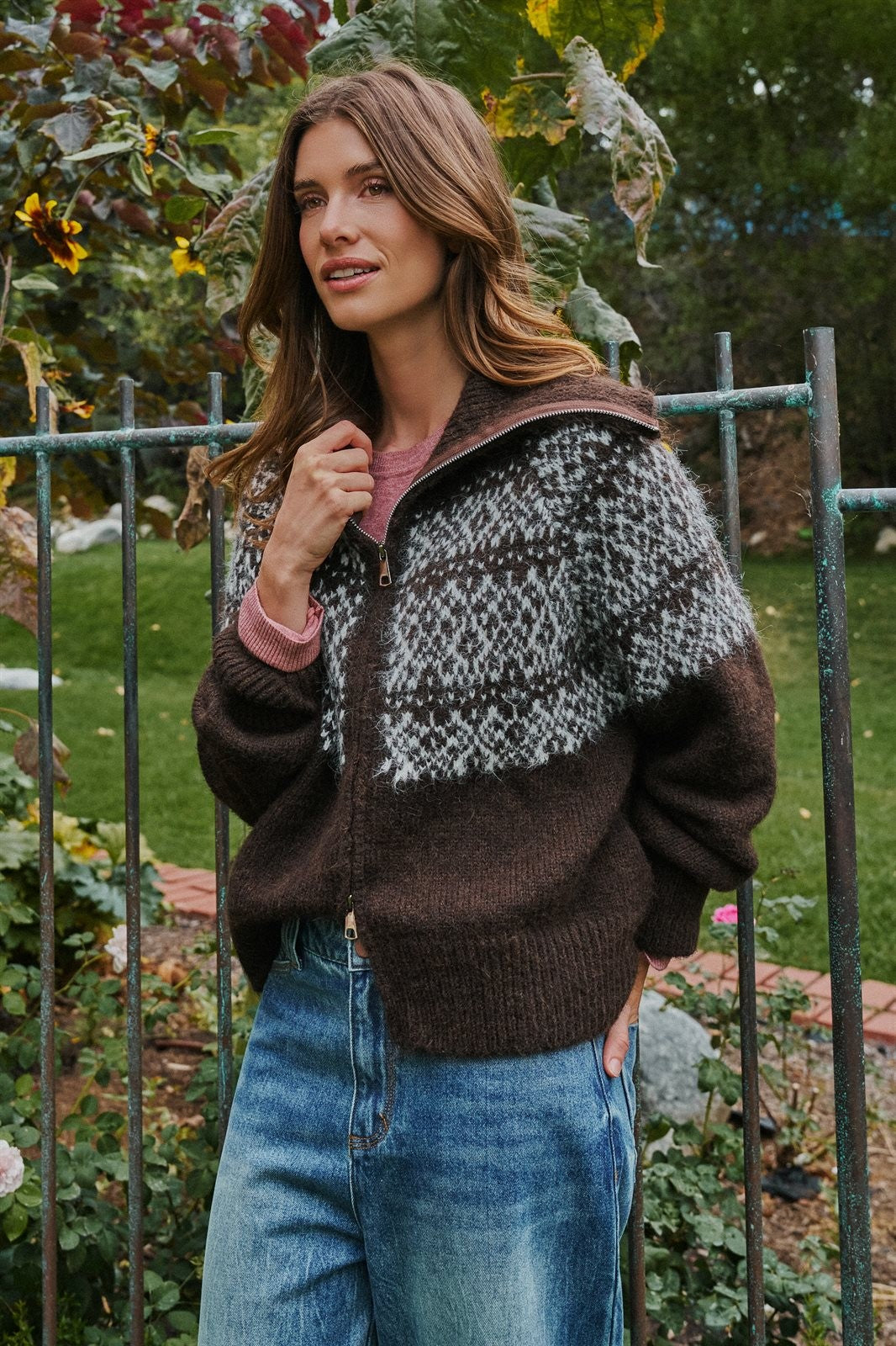 Nordic Fair Isle Zip Up Sweater Jacket in Brown - Women's Cardigans & Shrugs | Urban Daizy