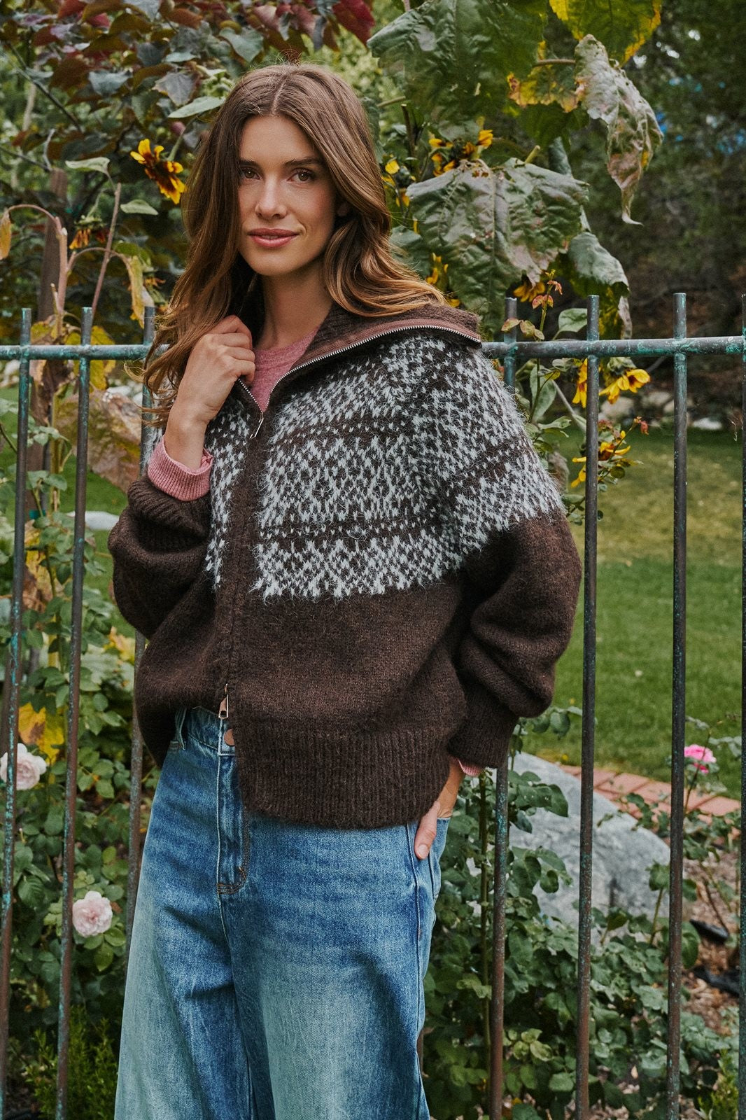 Nordic Fair Isle Zip Up Sweater Jacket in Brown - Women's Cardigans & Shrugs | Urban Daizy