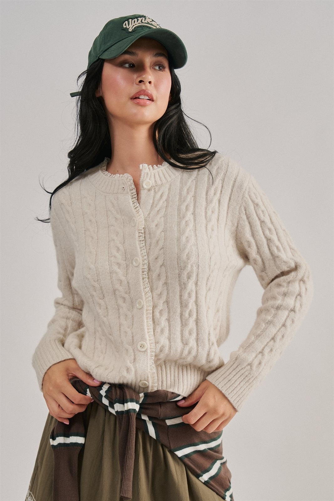Lace Ruffle Trim Cable Knit Cardigan in Ivory - Women's Cardigans & Shrugs | Urban Daizy