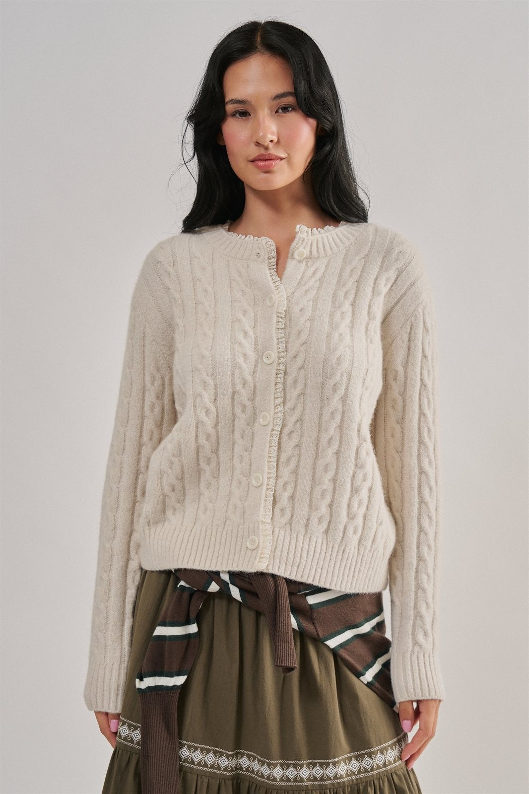 Lace Ruffle Trim Cable Knit Cardigan in Ivory - Women's Cardigans & Shrugs | Urban Daizy