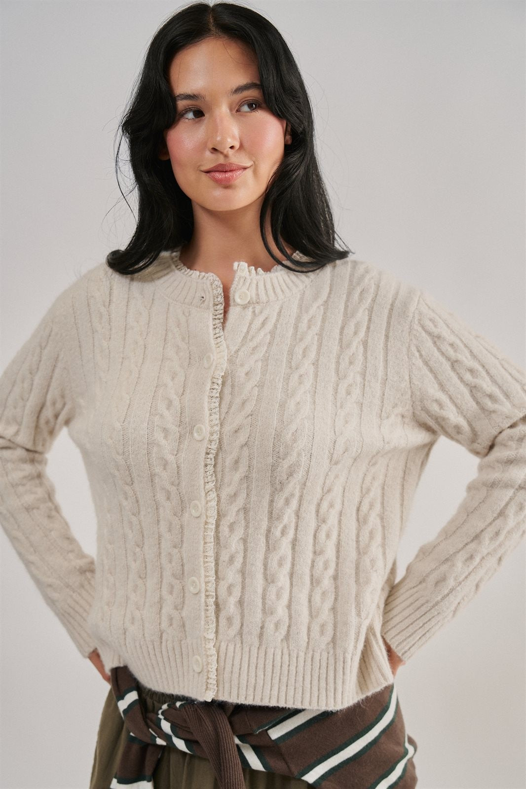 Lace Ruffle Trim Cable Knit Cardigan in Ivory - Women's Cardigans & Shrugs | Urban Daizy