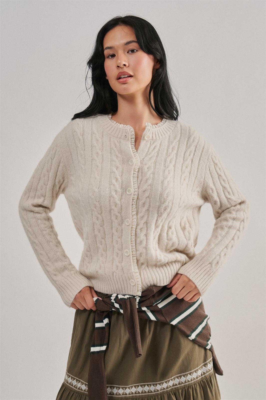 Lace Ruffle Trim Cable Knit Cardigan in Ivory - Women's Cardigans & Shrugs | Urban Daizy