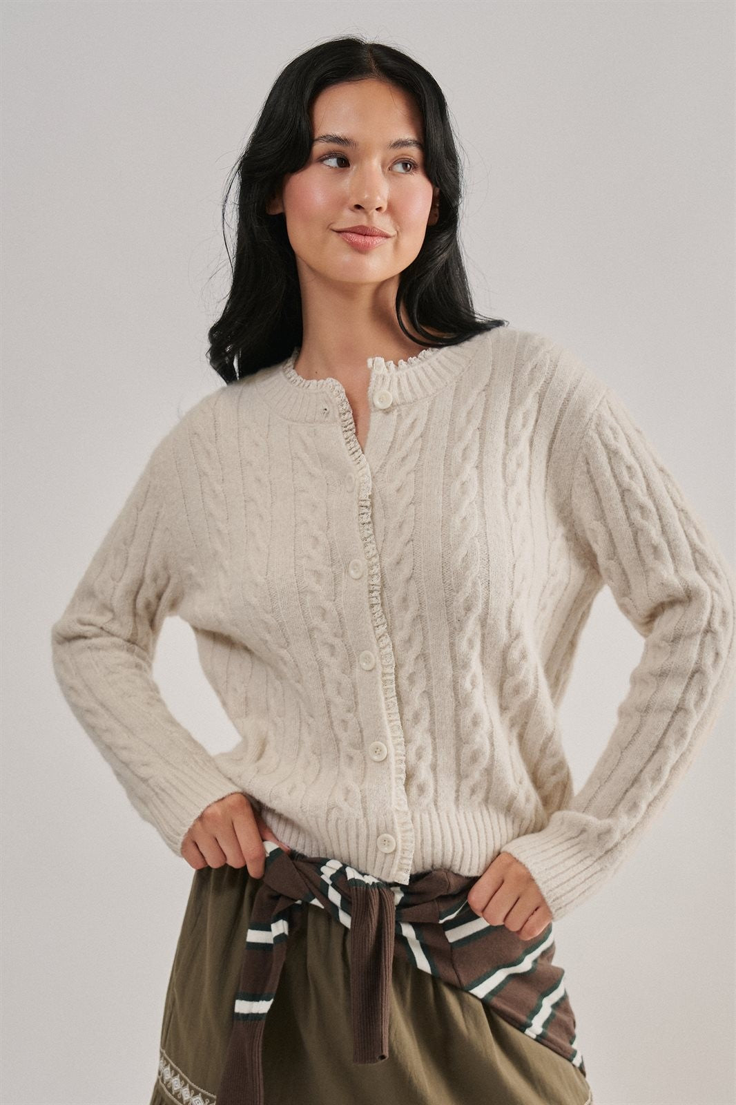 Lace Ruffle Trim Cable Knit Cardigan in Ivory - Women's Cardigans & Shrugs | Urban Daizy