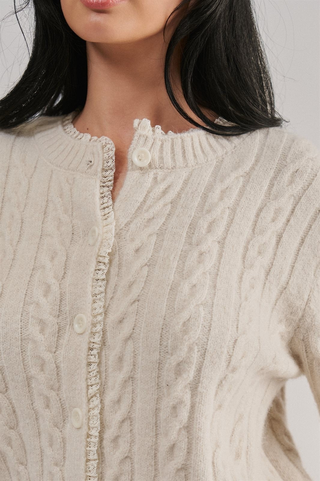Lace Ruffle Trim Cable Knit Cardigan in Ivory - Women's Cardigans & Shrugs | Urban Daizy