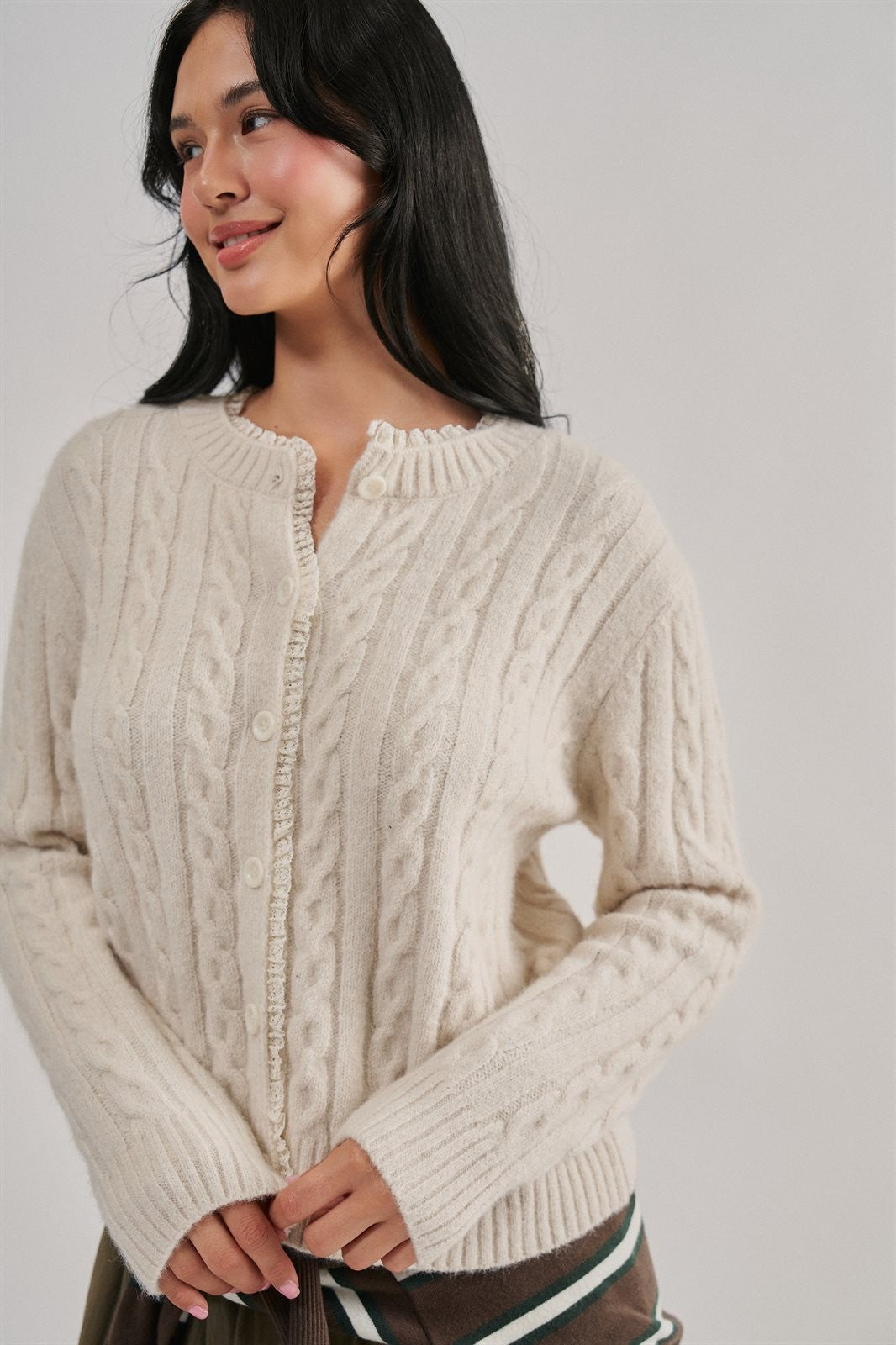 Lace Ruffle Trim Cable Knit Cardigan in Ivory - Women's Cardigans & Shrugs | Urban Daizy