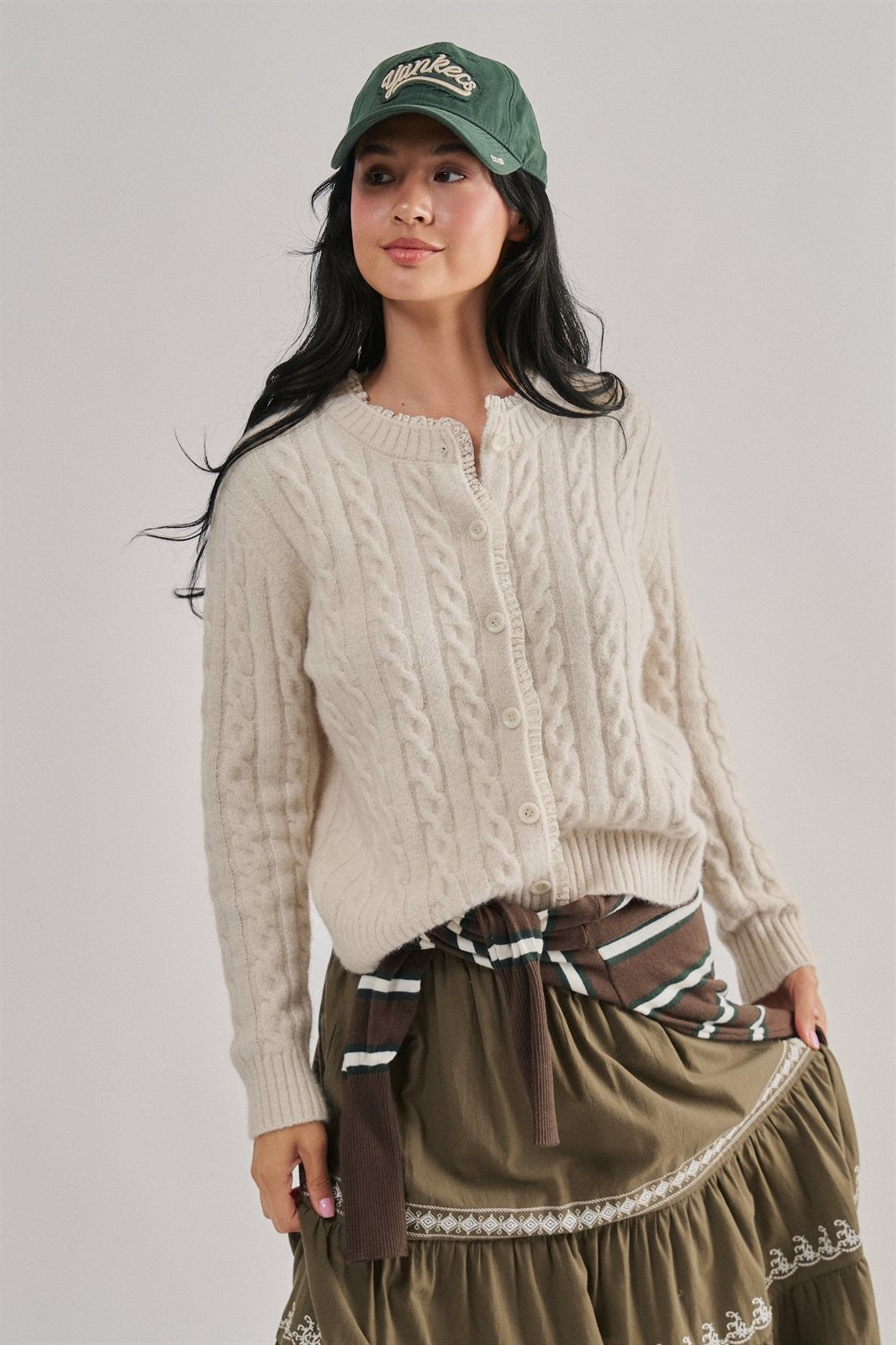Lace Ruffle Trim Cable Knit Cardigan in Ivory - Women's Cardigans & Shrugs | Urban Daizy