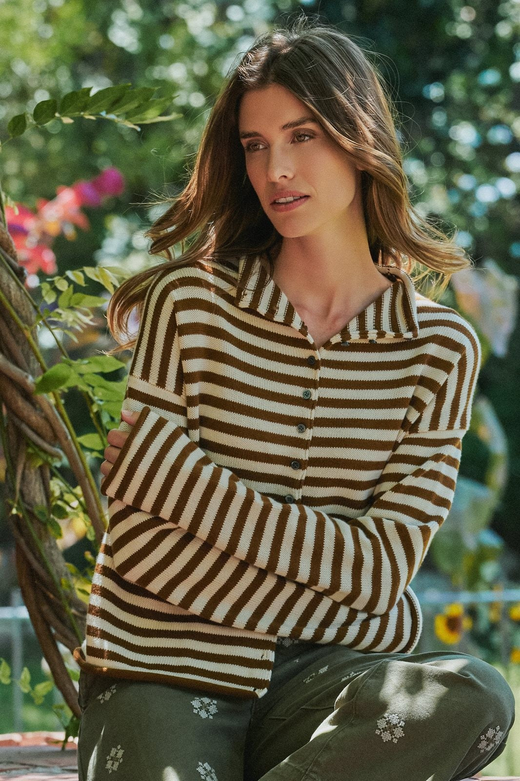 Striped Button Up Mock Neck Knit Sweater in Ivory Brown - Women's Cardigans & Shrugs | Urban Daizy