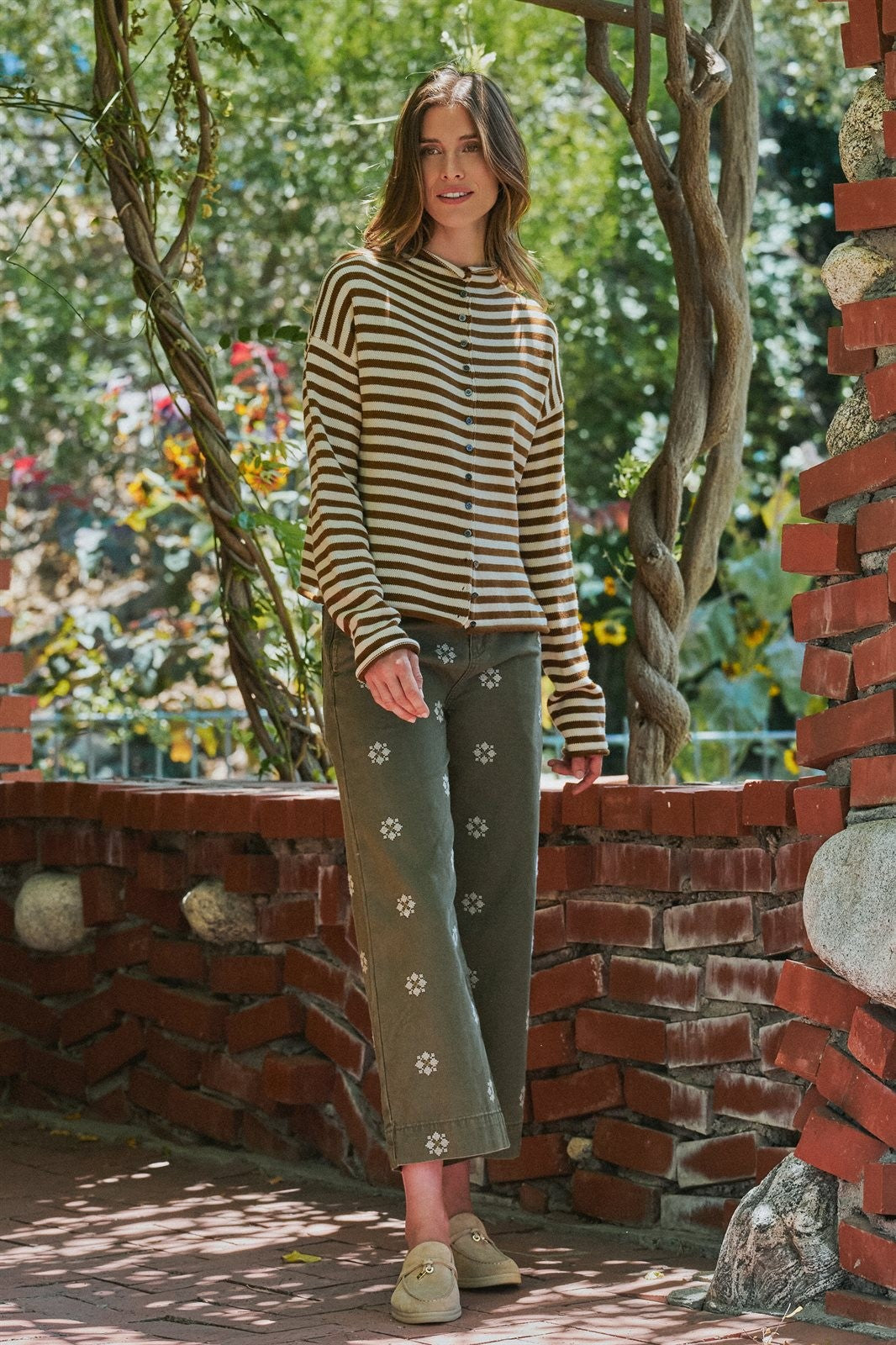 Striped Button Up Mock Neck Knit Sweater in Ivory Brown - Women's Cardigans & Shrugs | Urban Daizy