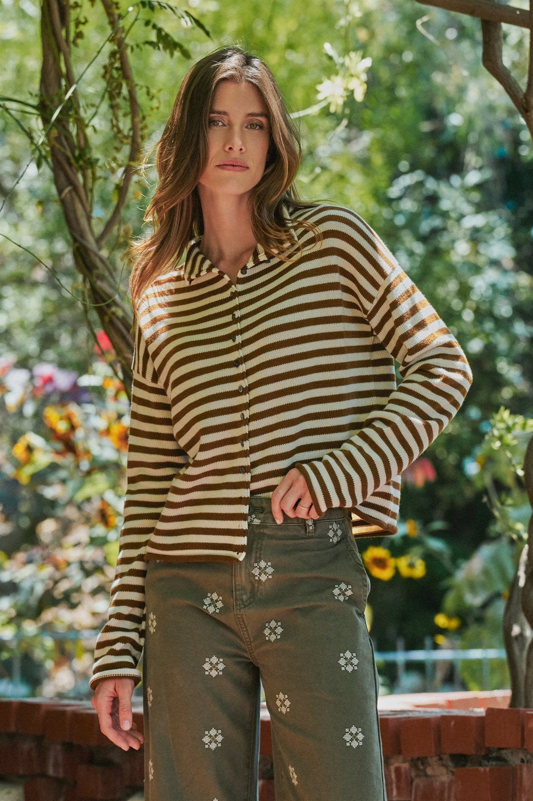 Striped Button Up Mock Neck Knit Sweater in Ivory Brown - Women's Cardigans & Shrugs | Urban Daizy