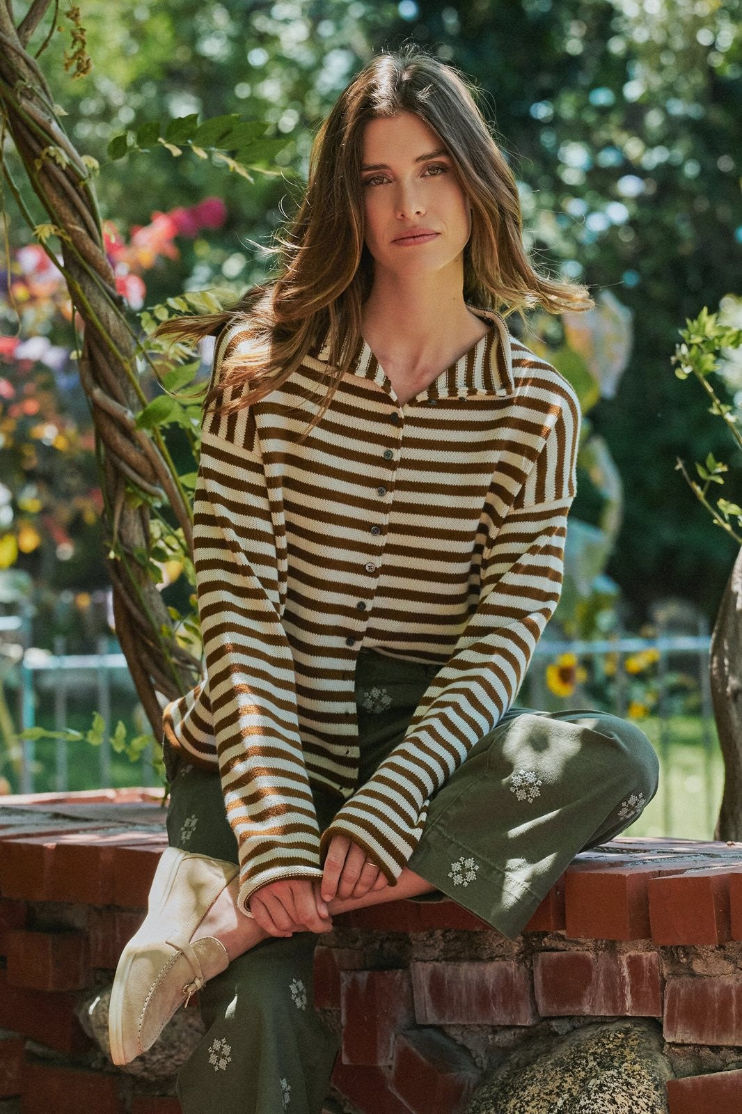 Striped Button Up Mock Neck Knit Sweater in Ivory Brown - Women's Cardigans & Shrugs | Urban Daizy