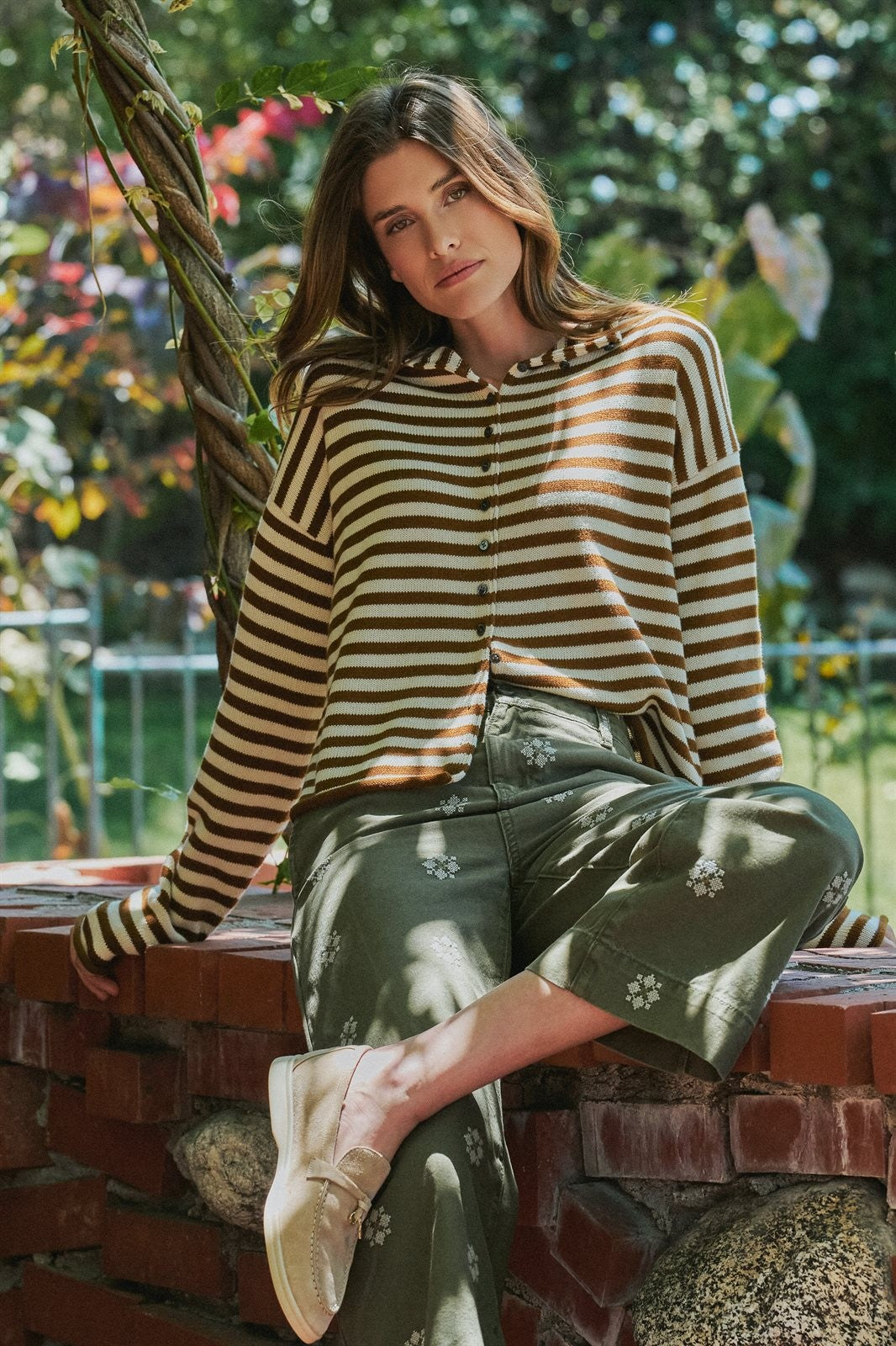 Striped Button Up Mock Neck Knit Sweater in Ivory Brown - Women's Cardigans & Shrugs | Urban Daizy