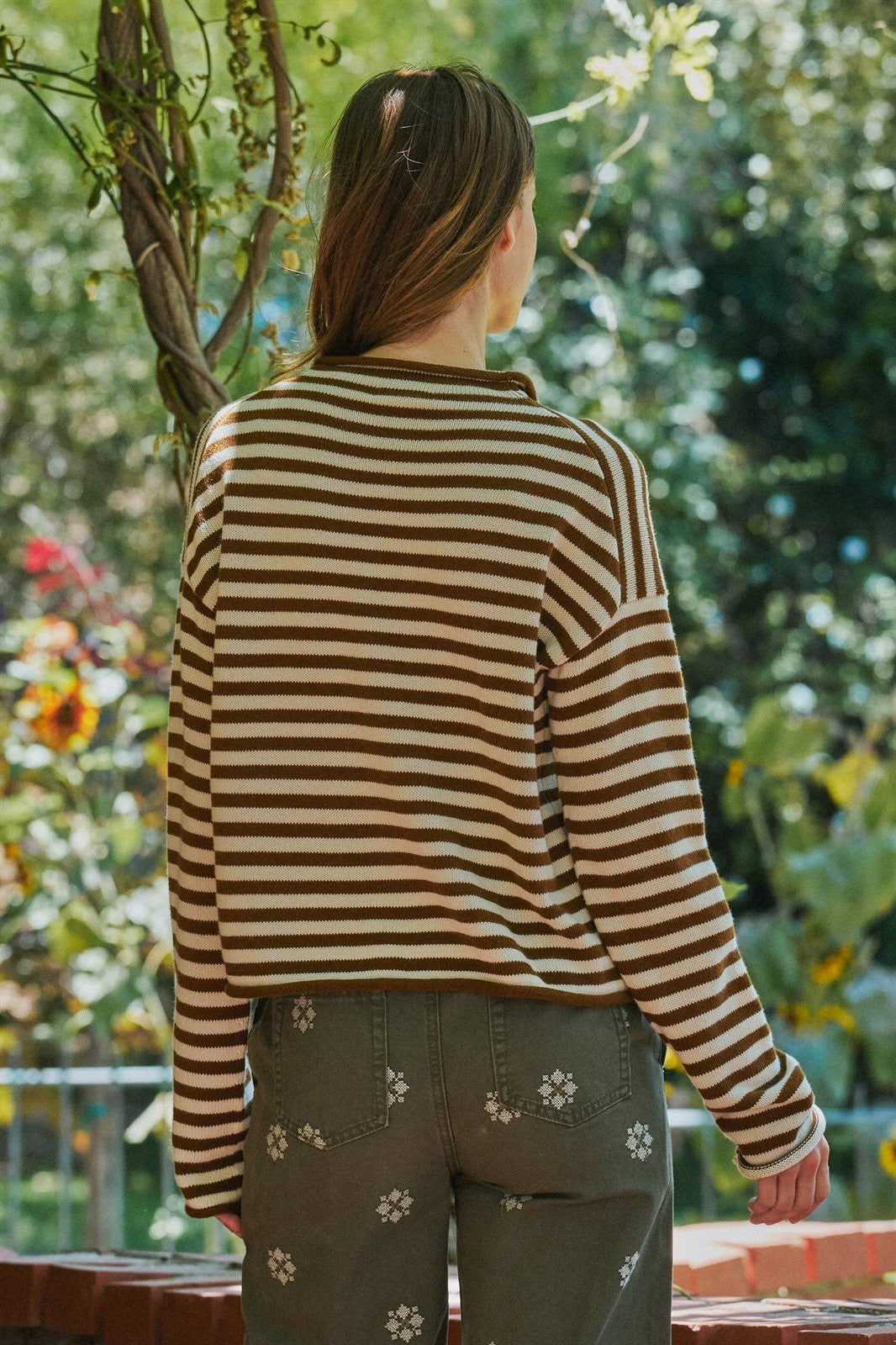 Striped Button Up Mock Neck Knit Sweater in Ivory Brown - Women's Cardigans & Shrugs | Urban Daizy