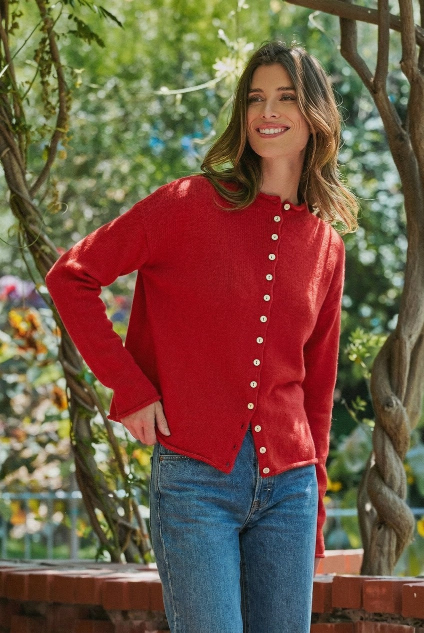 Striped Button Up Mock Neck Knit Sweater in Red - Women's Cardigans & Shrugs | Urban Daizy