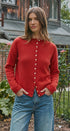 Striped Button Up Mock Neck Knit Sweater in Red - Women's Cardigans & Shrugs | Urban Daizy