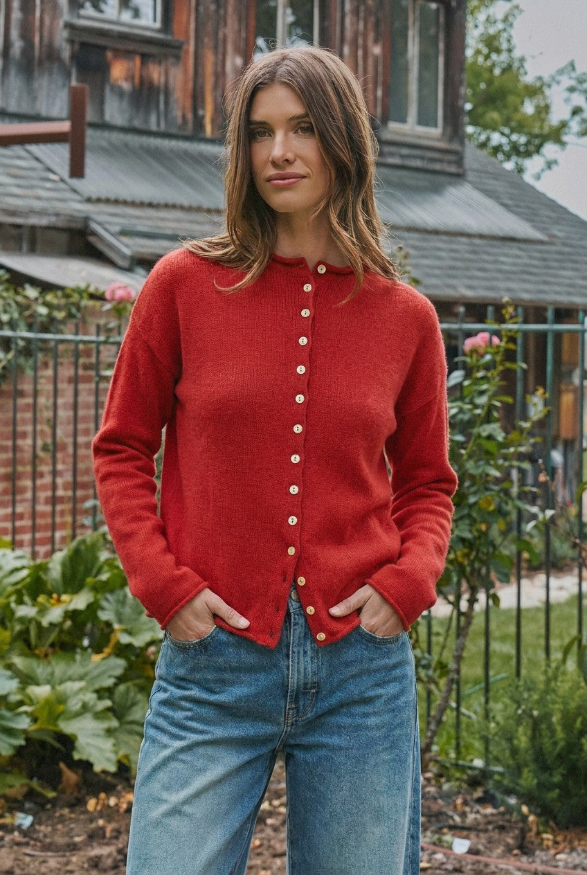 Striped Button Up Mock Neck Knit Sweater in Red - Women's Cardigans & Shrugs | Urban Daizy