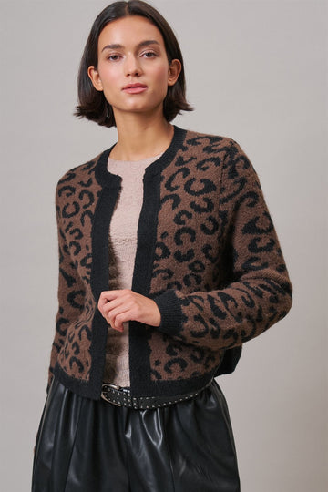 Leopard Print Open-Front Knit Cardigan Sweater