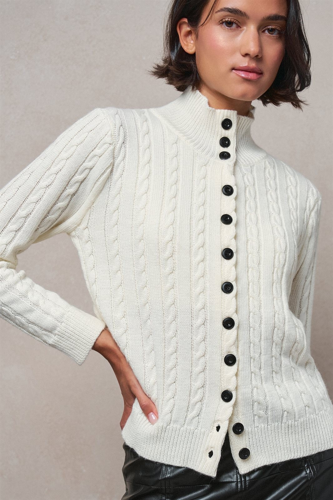 Contrast Button Cable Knit Mock Neck Cardigan in Ivory - Women's Sweaters | Urban Daizy
