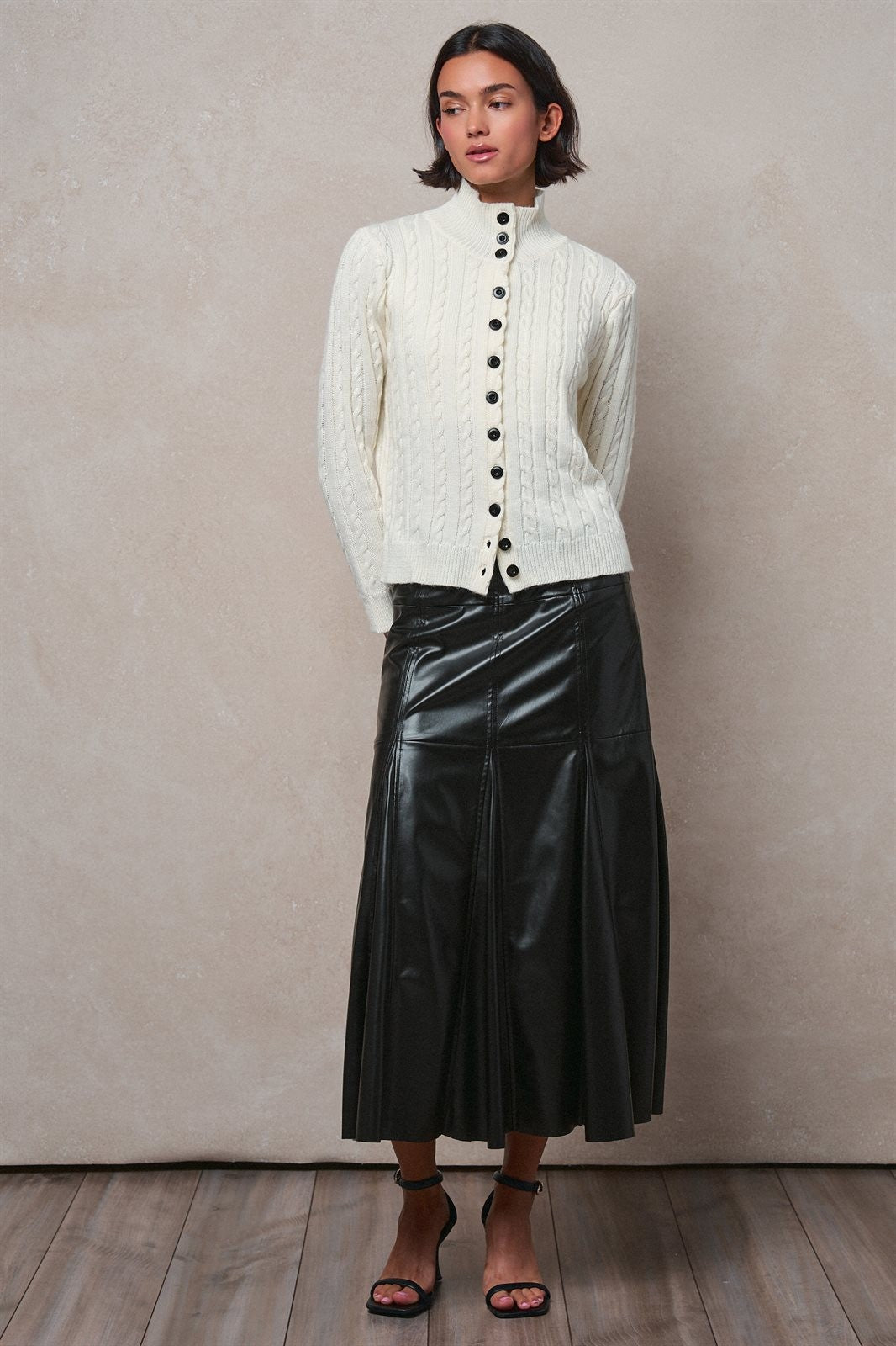 Contrast Button Cable Knit Mock Neck Cardigan in Ivory - Women's Sweaters | Urban Daizy