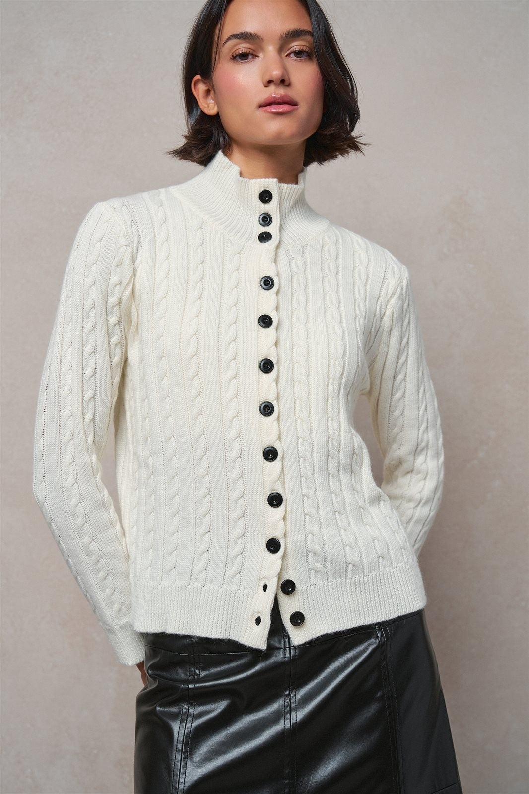 Contrast Button Cable Knit Mock Neck Cardigan in Ivory - Women's Sweaters | Urban Daizy