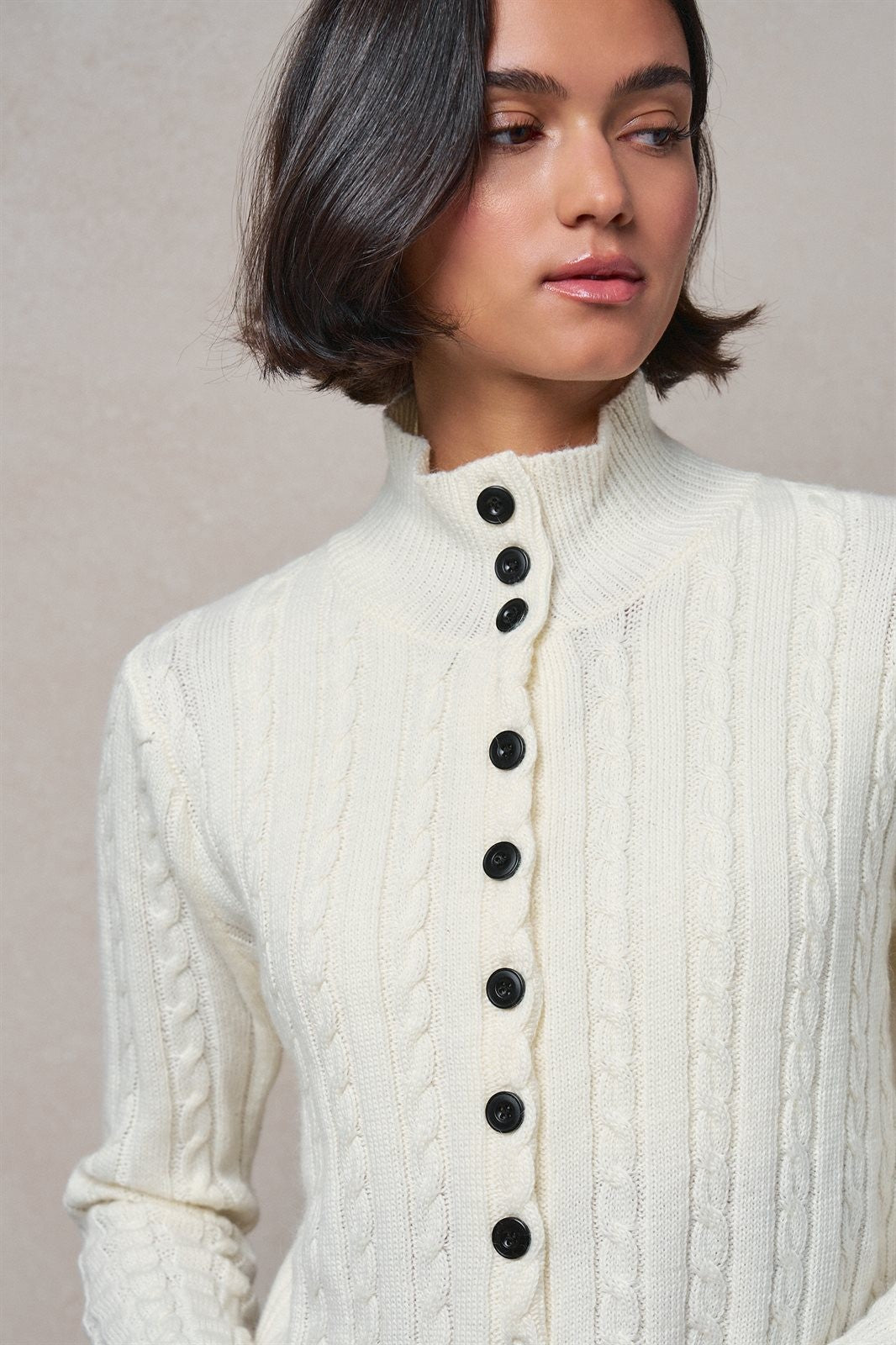 Contrast Button Cable Knit Mock Neck Cardigan in Ivory - Women's Sweaters | Urban Daizy
