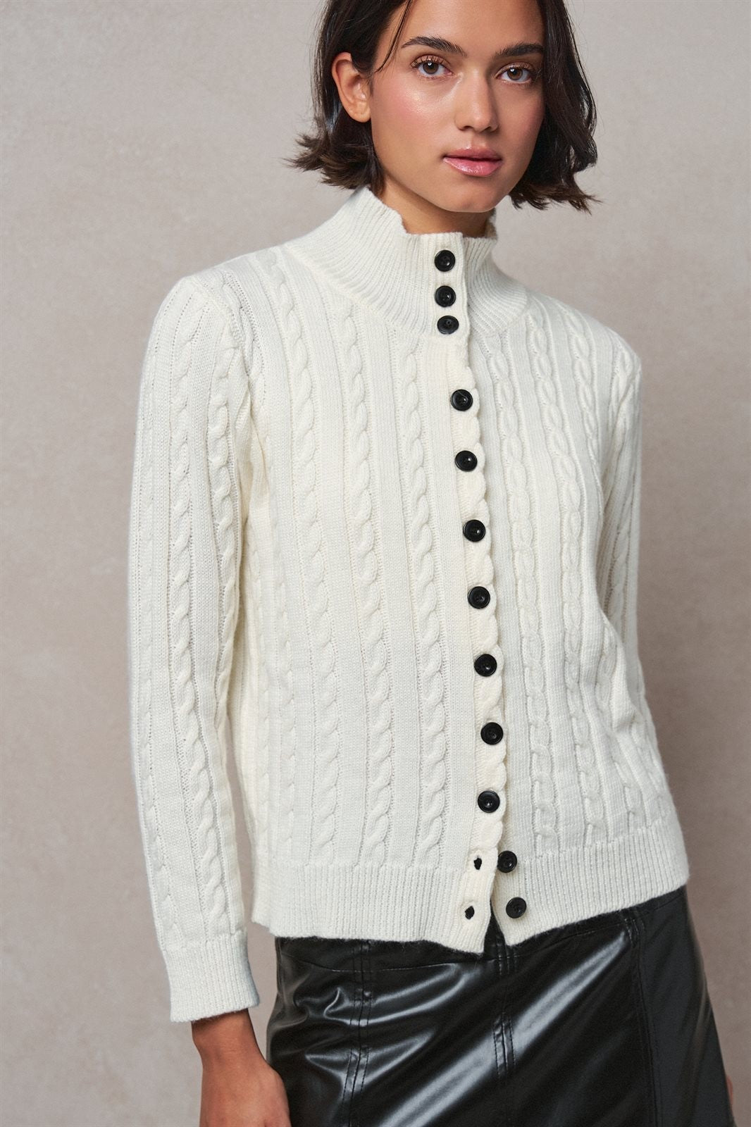 Contrast Button Cable Knit Mock Neck Cardigan in Ivory - Women's Sweaters | Urban Daizy