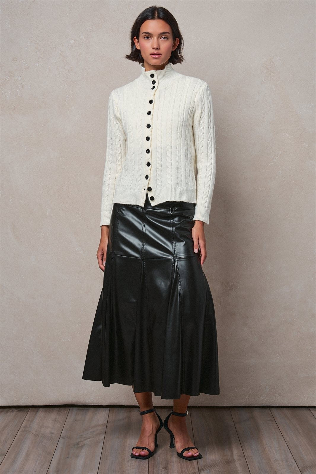 Contrast Button Cable Knit Mock Neck Cardigan in Ivory - Women's Sweaters | Urban Daizy