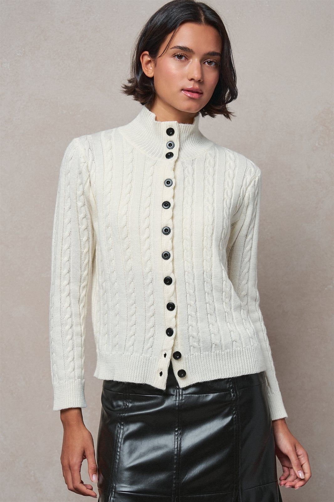 Contrast Button Cable Knit Mock Neck Cardigan in Ivory - Women's Sweaters | Urban Daizy