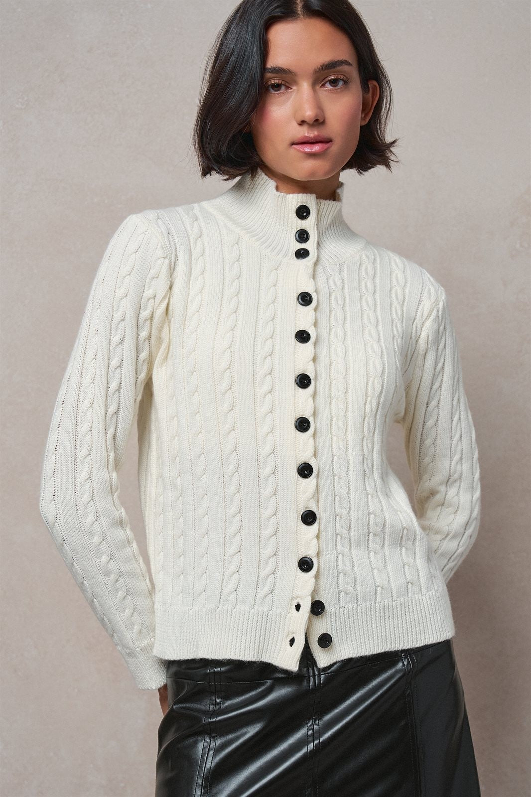 Contrast Button Cable Knit Mock Neck Cardigan in Ivory - Women's Sweaters | Urban Daizy