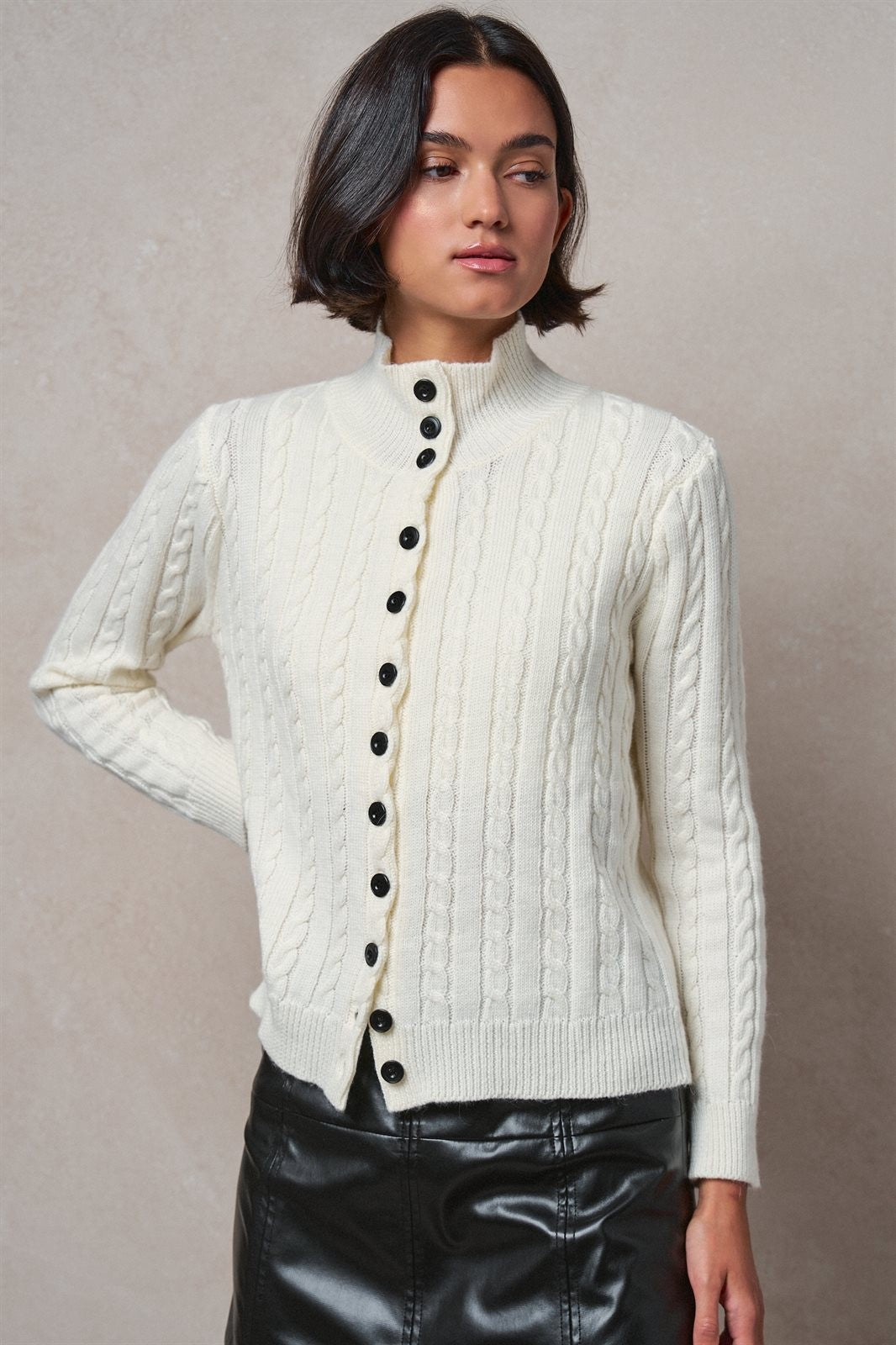 Contrast Button Cable Knit Mock Neck Cardigan in Ivory - Women's Sweaters | Urban Daizy