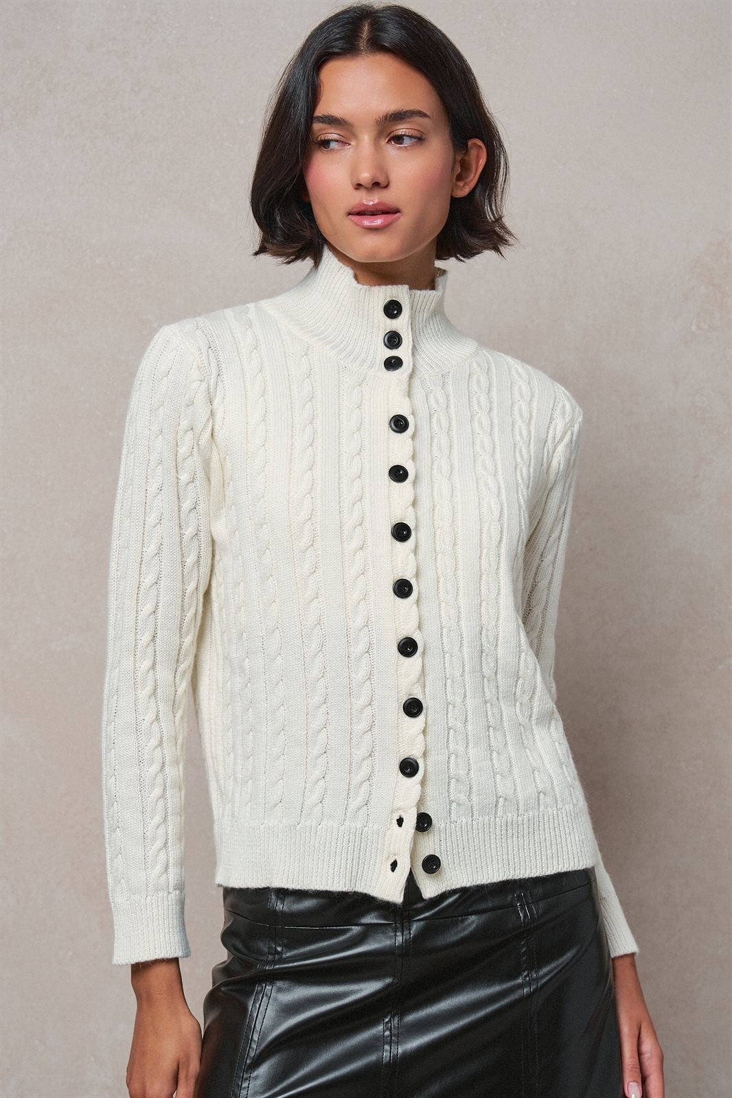 Contrast Button Cable Knit Mock Neck Cardigan in Ivory - Women's Sweaters | Urban Daizy