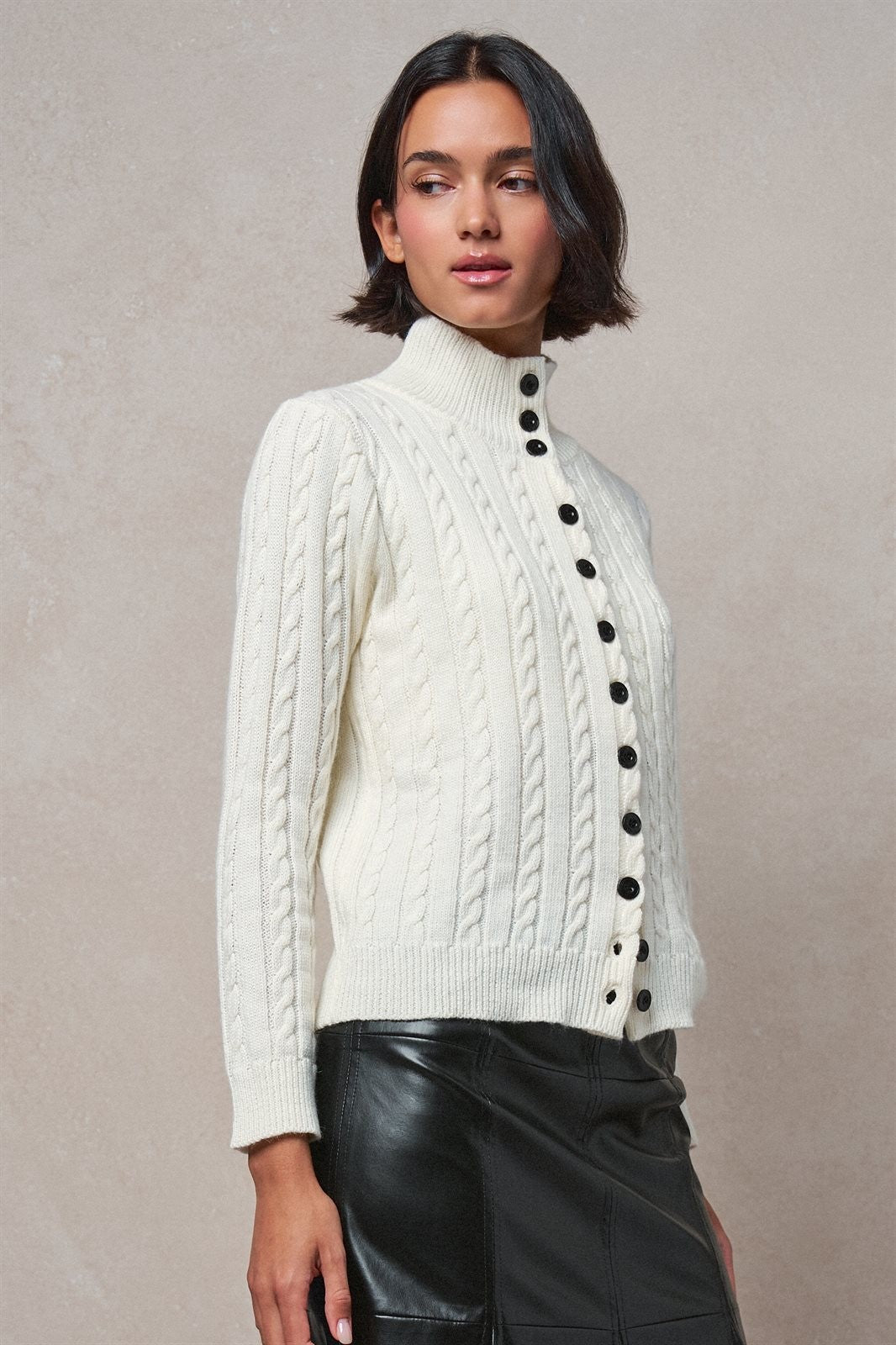 Contrast Button Cable Knit Mock Neck Cardigan in Ivory - Women's Sweaters | Urban Daizy