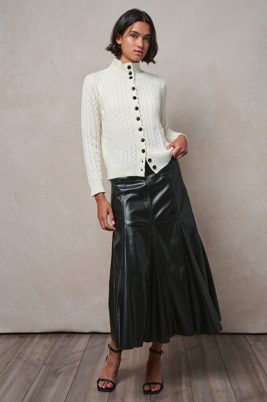 Contrast Button Cable Knit Mock Neck Cardigan in Ivory - Women's Sweaters | Urban Daizy