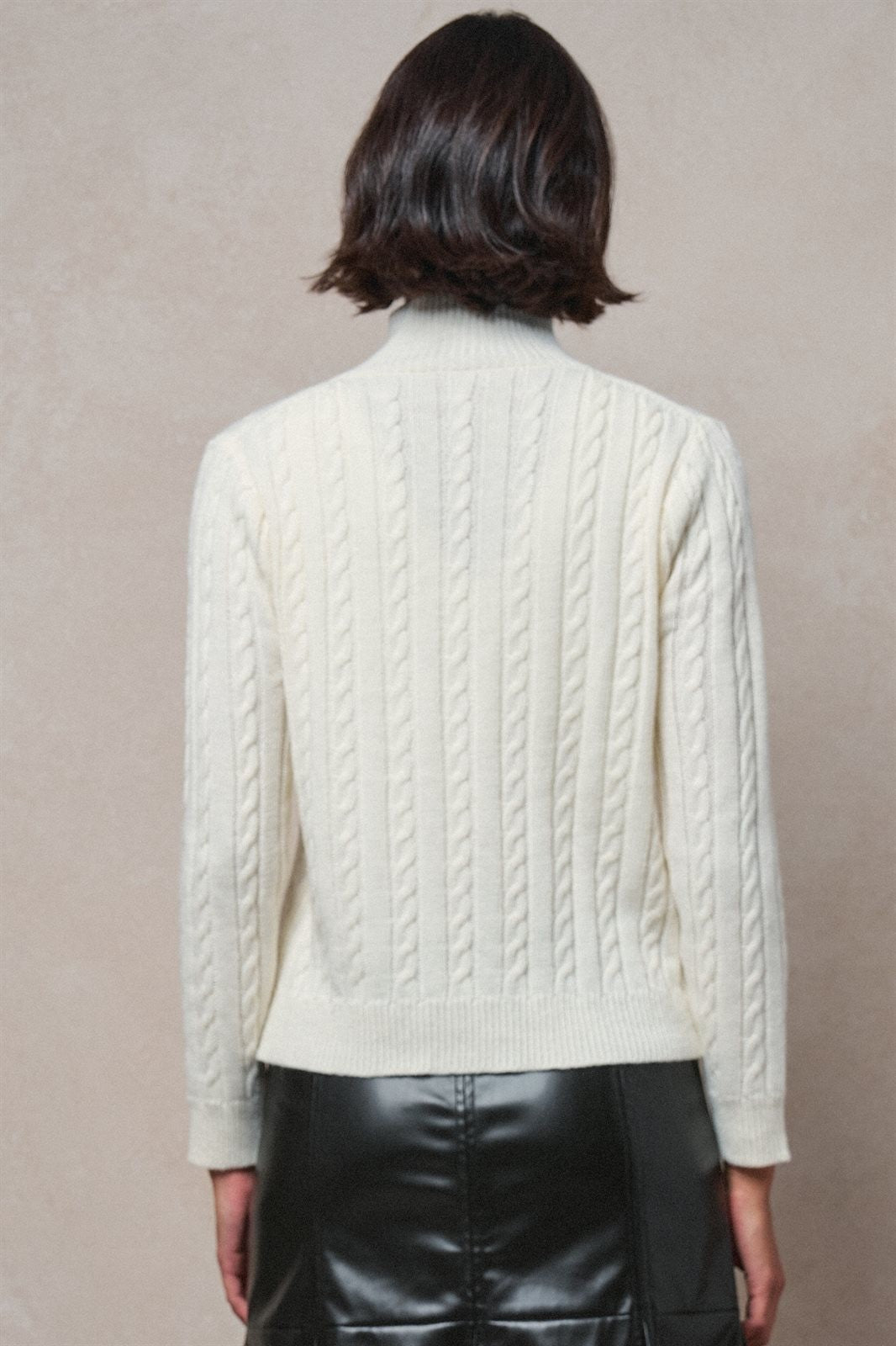 Contrast Button Cable Knit Mock Neck Cardigan in Ivory - Women's Sweaters | Urban Daizy