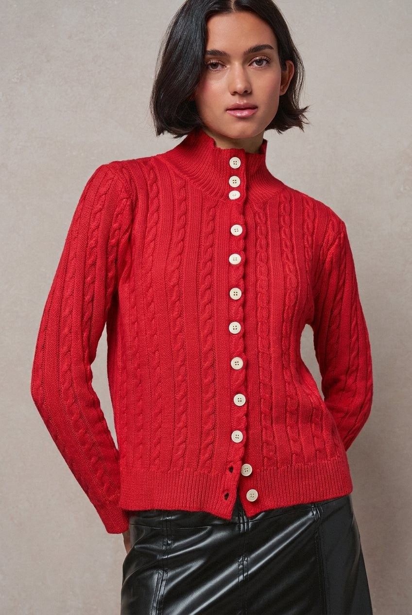 Contrast Button Cable Knit Mock Neck Cardigan in Red - Women's Sweaters | Urban Daizy