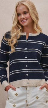 Coastal Contrast Stripe Button-Front Cardigan in Navy - Women's Cardigans & Shrugs | Urban Daizy