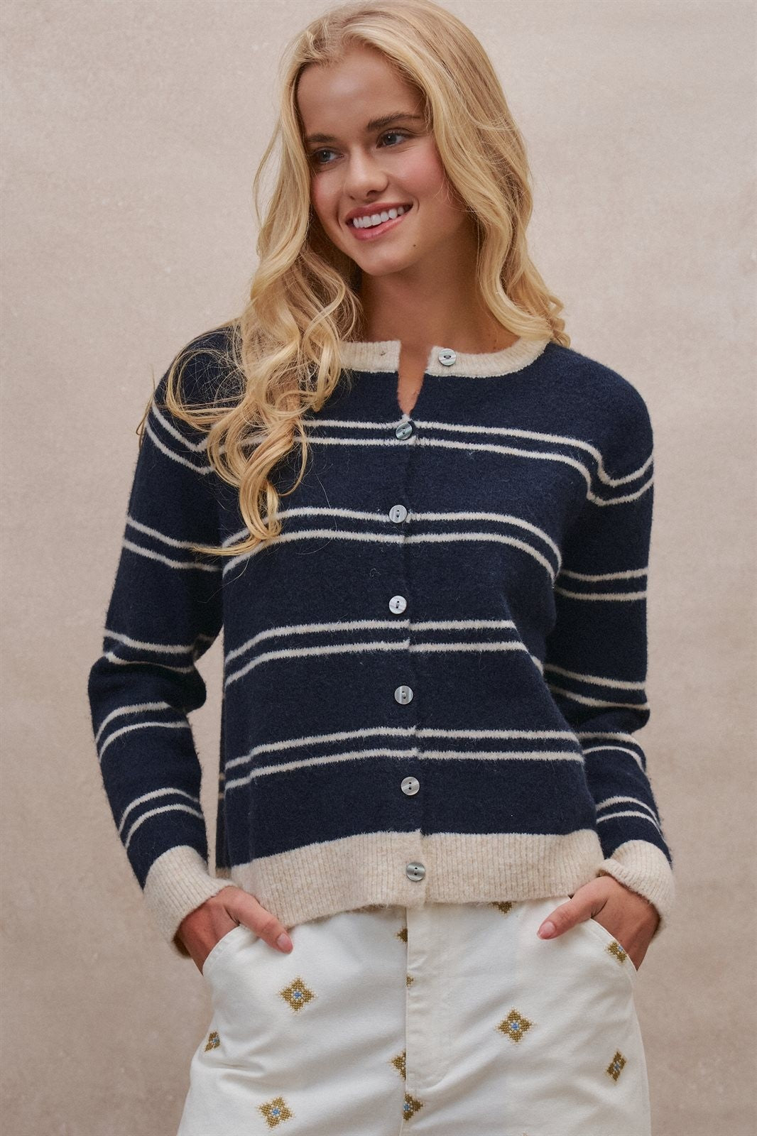 Coastal Contrast Stripe Button-Front Cardigan in Navy - Women's Cardigans & Shrugs | Urban Daizy