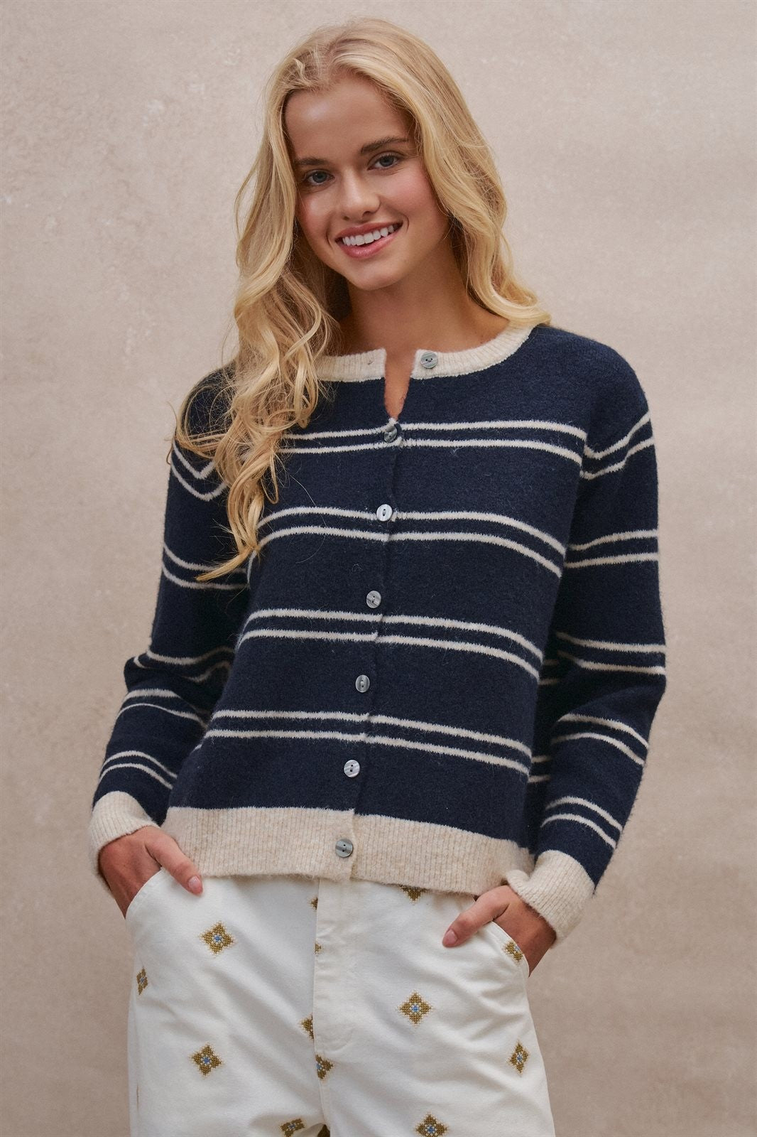 Coastal Contrast Stripe Button-Front Cardigan in Navy - Women's Cardigans & Shrugs | Urban Daizy