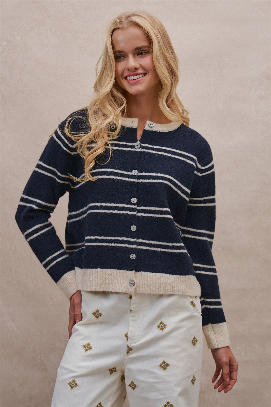 Coastal Contrast Stripe Button-Front Cardigan in Navy - Women's Cardigans & Shrugs | Urban Daizy