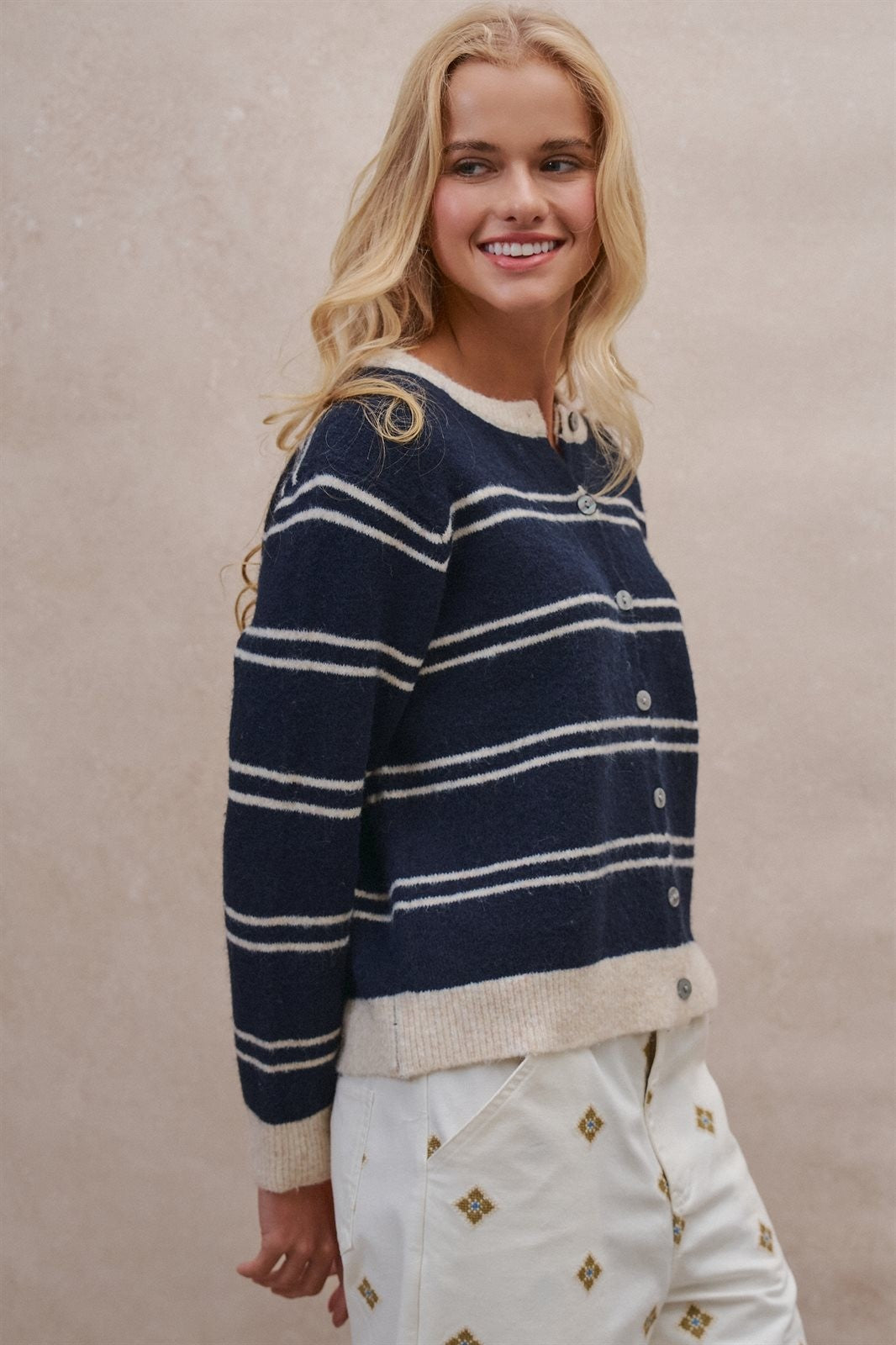 Coastal Contrast Stripe Button-Front Cardigan in Navy - Women's Cardigans & Shrugs | Urban Daizy