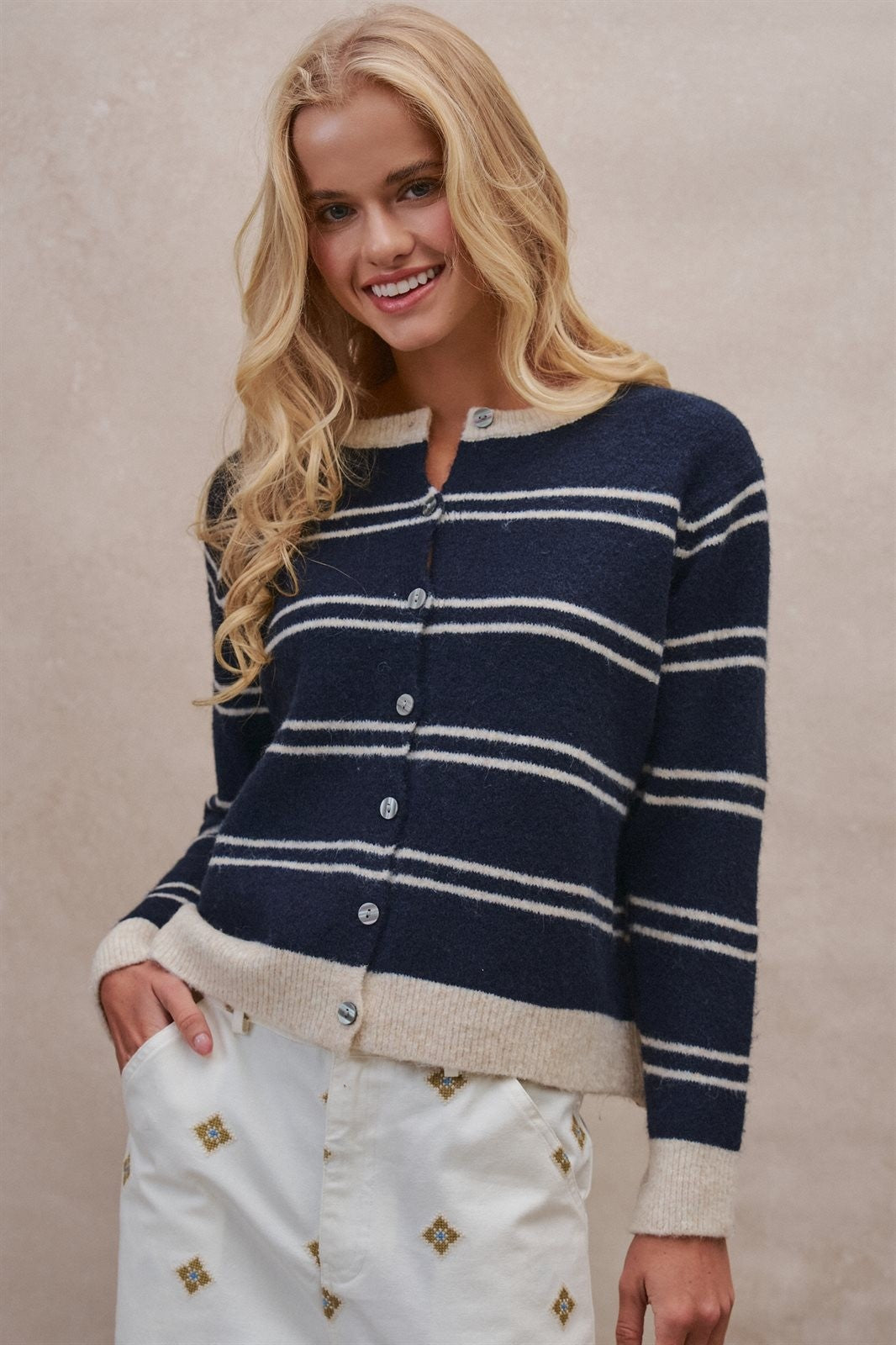 Coastal Contrast Stripe Button-Front Cardigan in Navy - Women's Cardigans & Shrugs | Urban Daizy