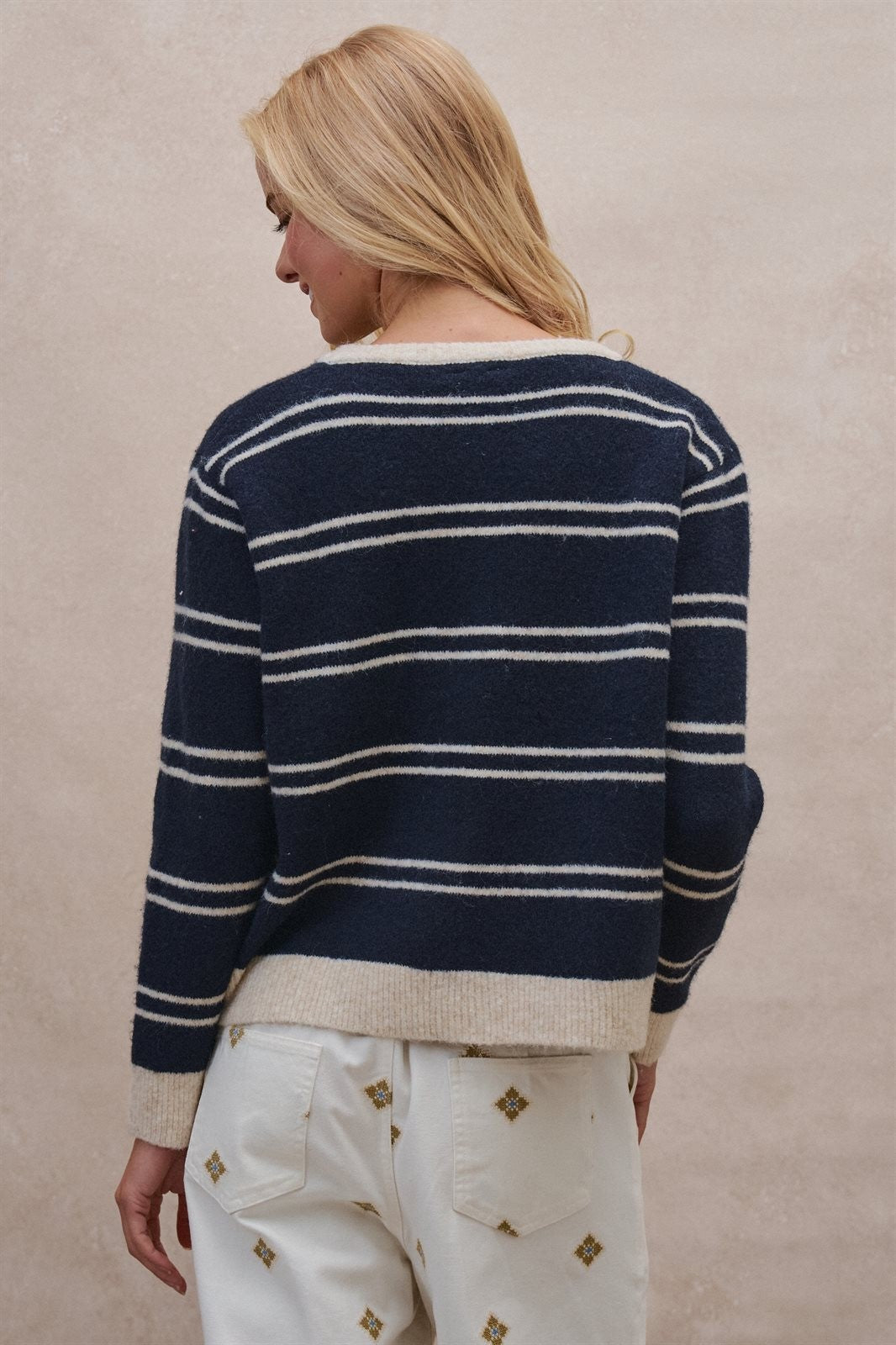 Coastal Contrast Stripe Button-Front Cardigan in Navy - Women's Cardigans & Shrugs | Urban Daizy