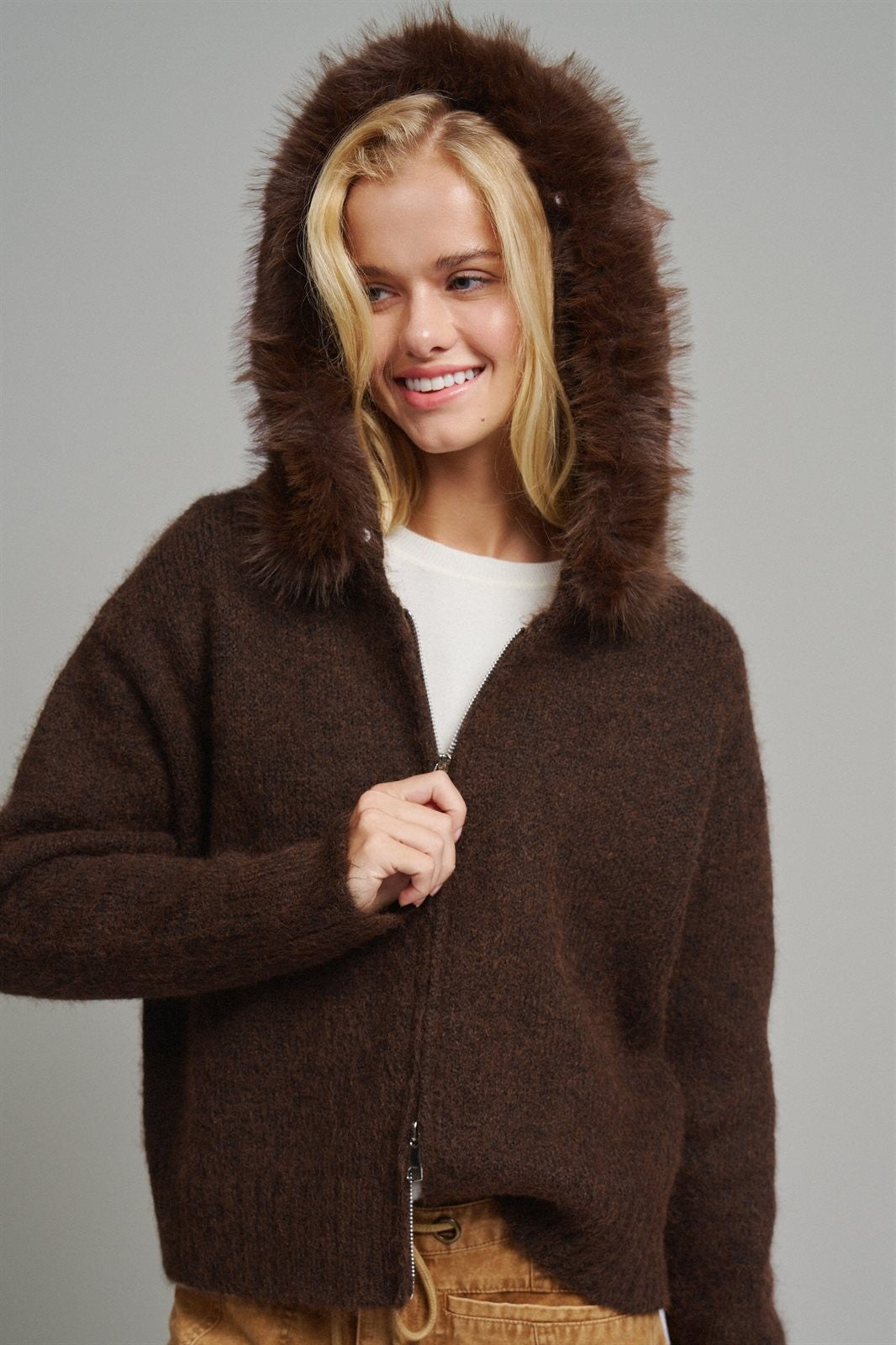 Faux Fur Trim Hooded Zip Up Knit Cardigan in Brown - Women's Cardigans & Shrugs | Urban Daizy